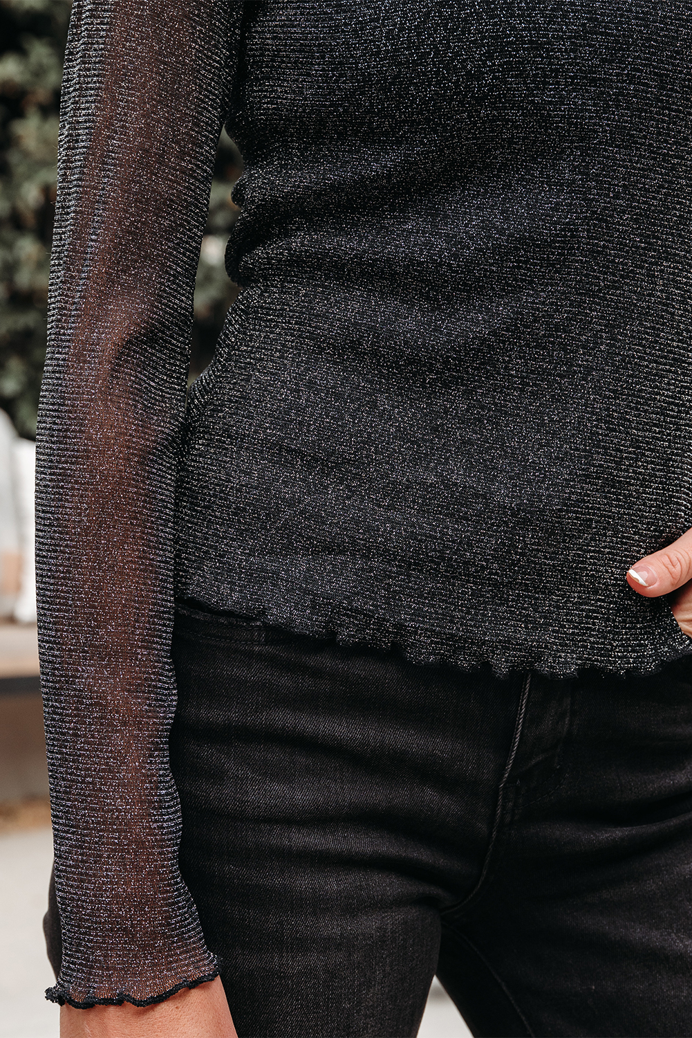 Black Metallic Glitter Mesh Long Sleeve Top - loveforevers