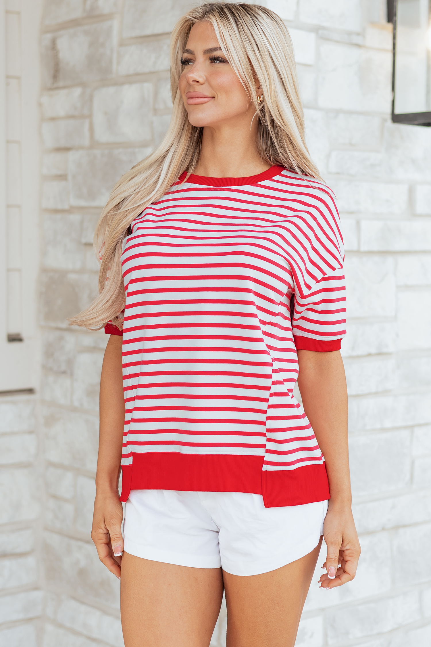 Red Stripe Drop Shoulder Half Sleeve T Shirt - loveforevers