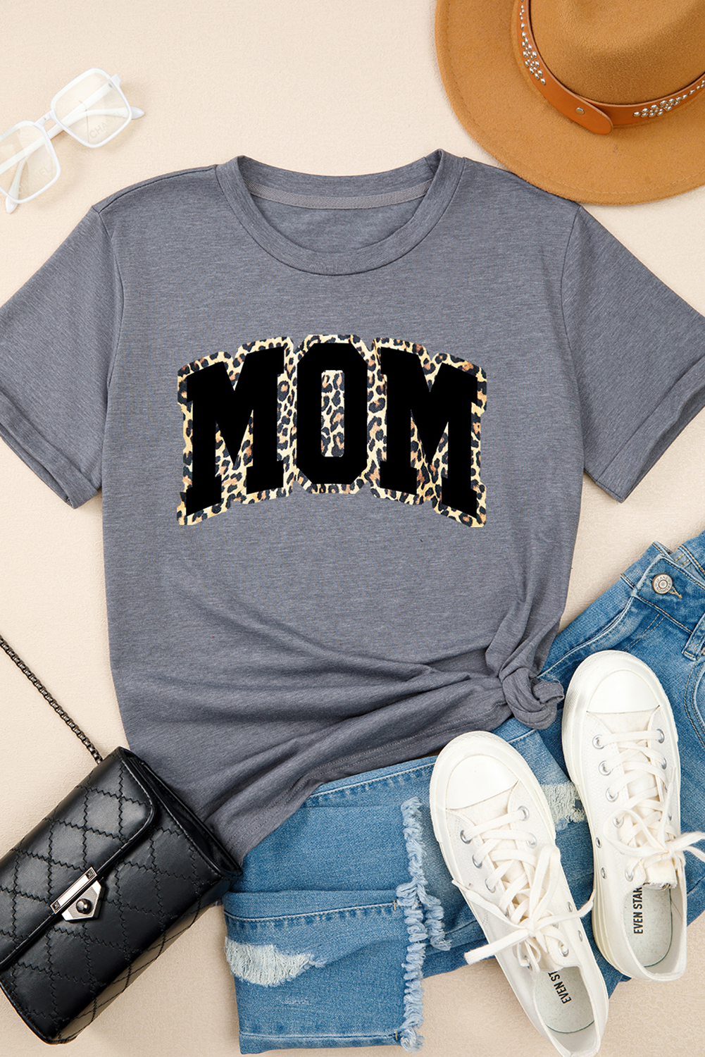 Gray Leopard MOM Graphic Crewneck Mothers Day T Shirt - loveforevers