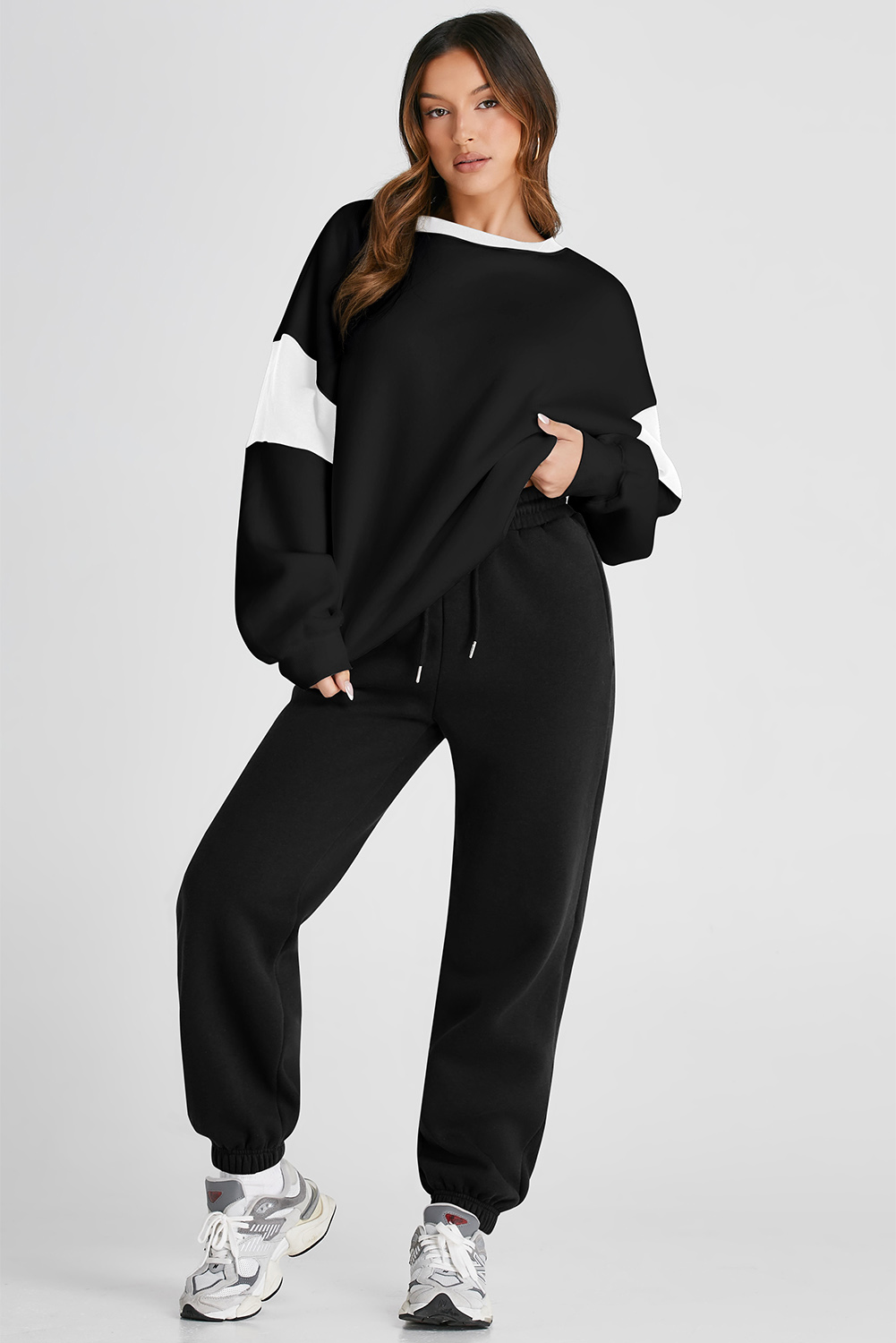 Black Drop Shoulder Loose Sweatshirt and Joggers Active Set - loveforevers