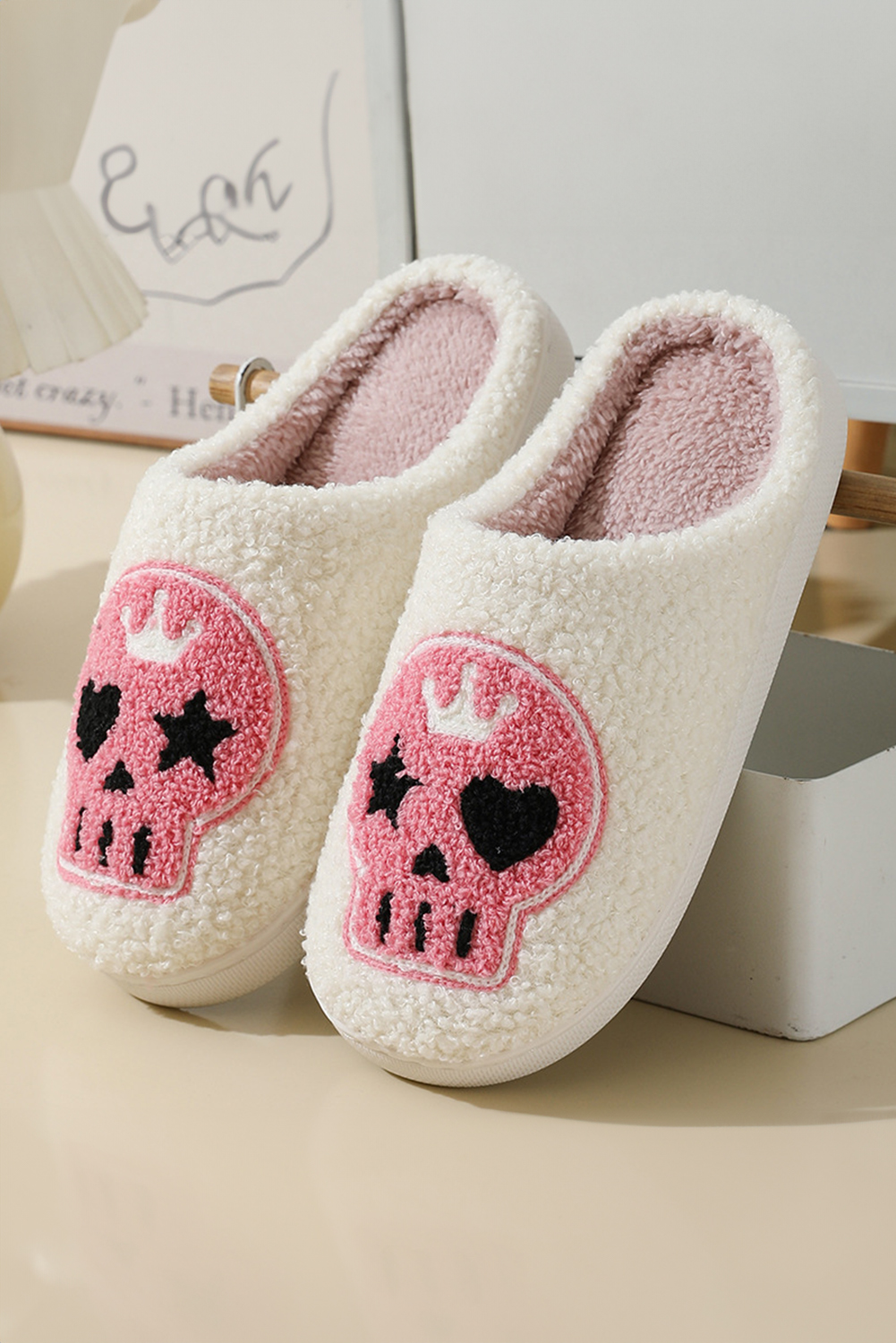 Black Halloween Skull Printed Plush Winter Home Slippers - loveforevers