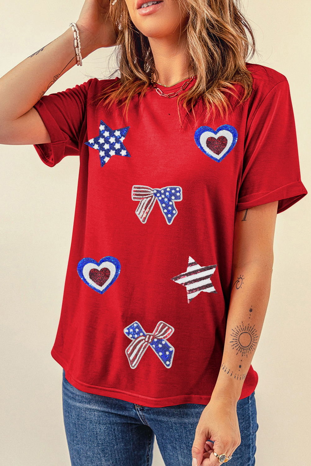 Red American Flag Inspired Sequined Pattern Crewneck Tee - loveforevers
