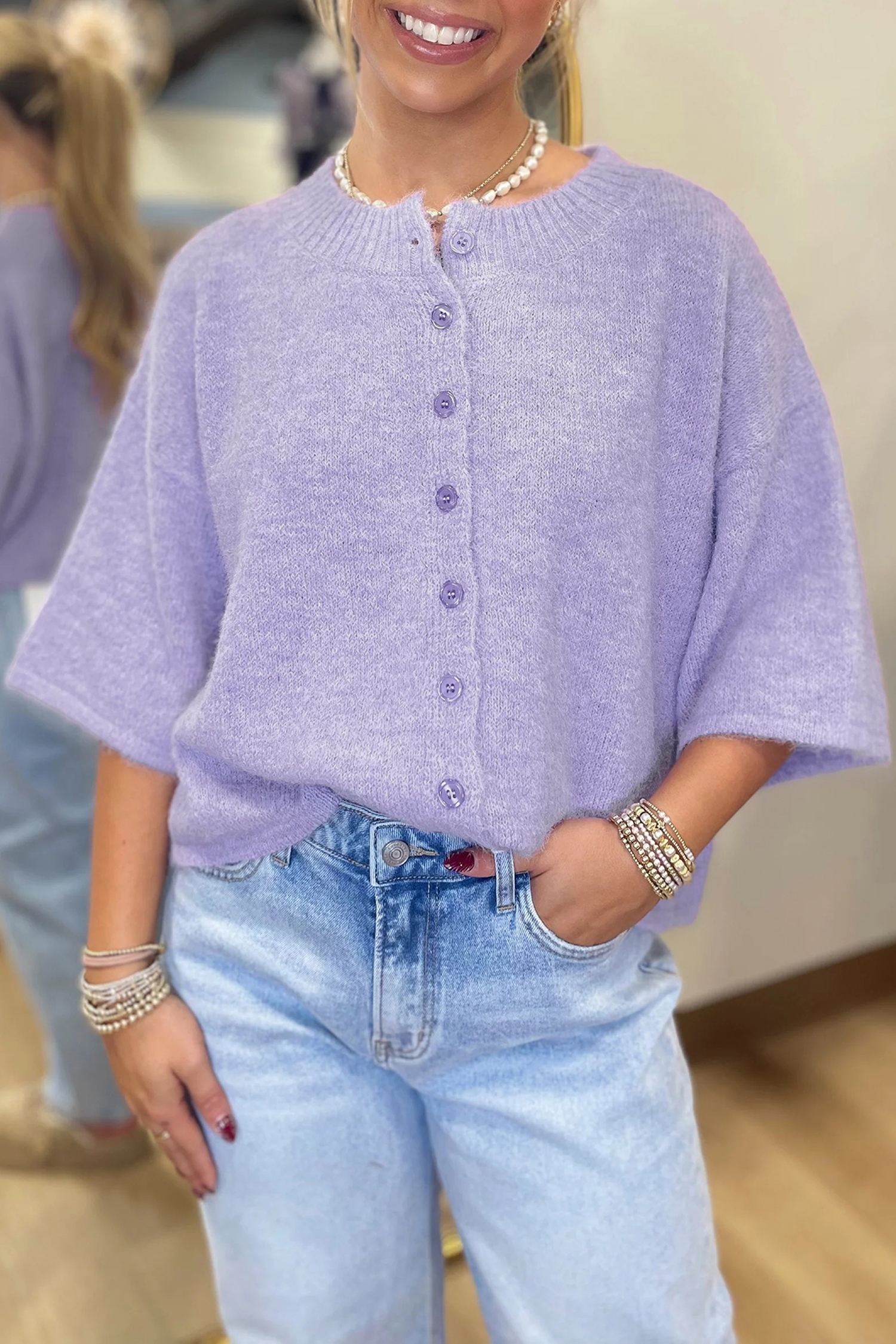 Lavendula 3/4 Sleeve Boxy Knit Button Down Sweater Cardigan - loveforevers