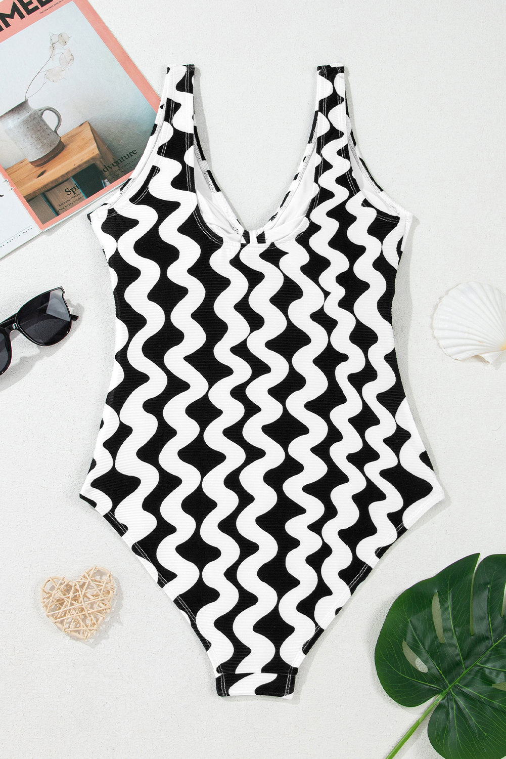 Black Stripe Bowknot Ricrac Print V Neck Low Back Cut One Piece Swimsuit - loveforevers