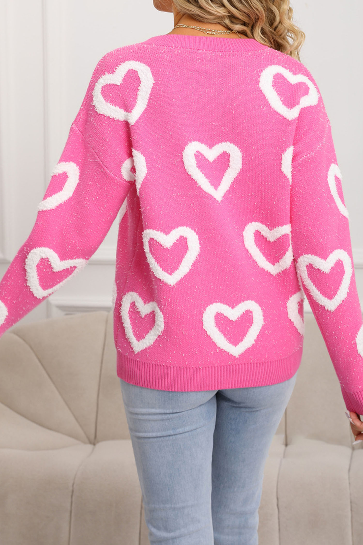 White Chenille Heart Print Valentines Day Sweater - loveforevers