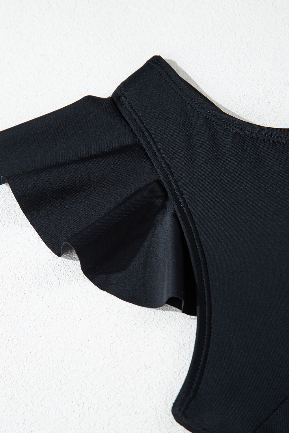 Black Asymmetric Ruffle Shoulder Pleated One Piece Swimsuit - loveforevers
