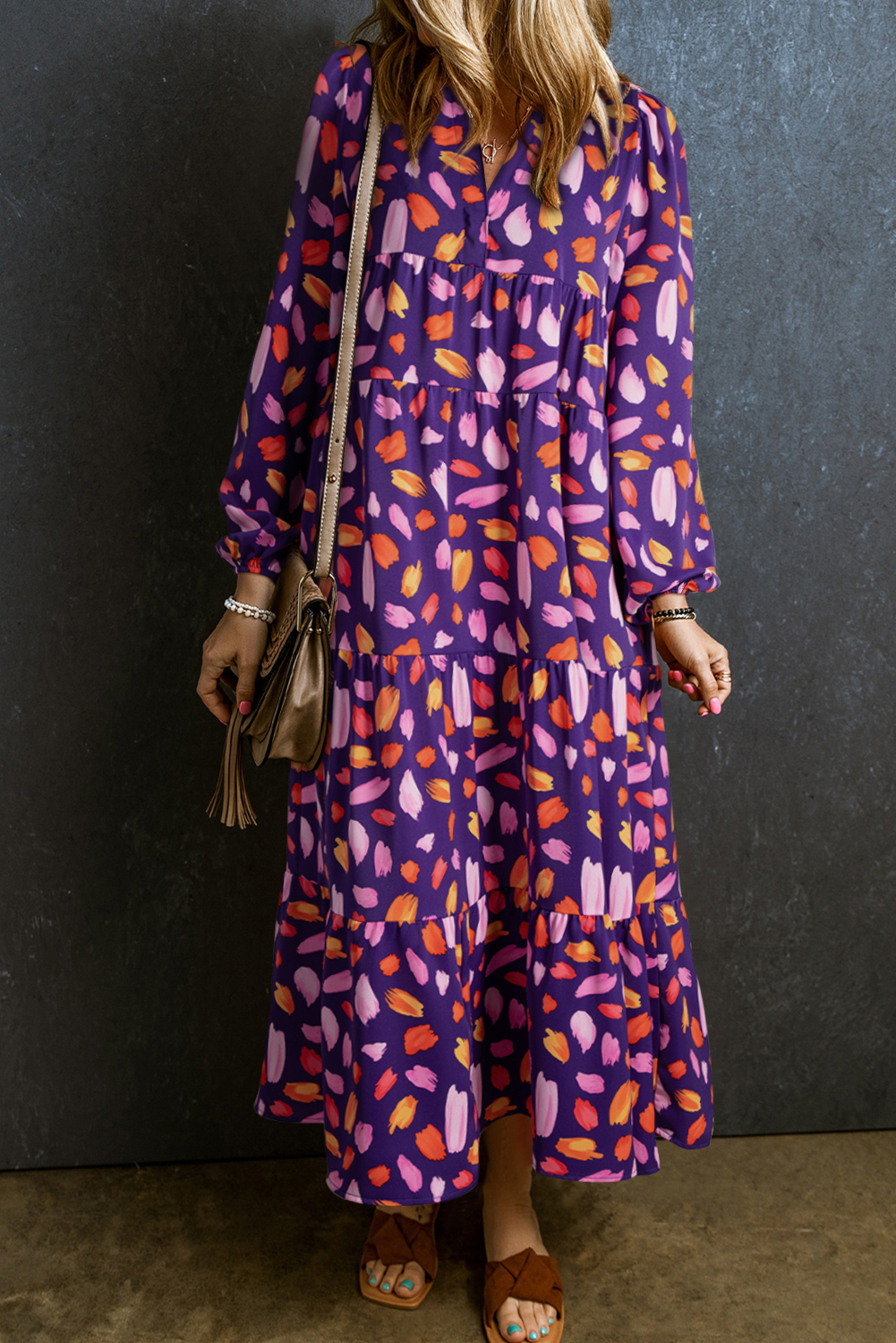 Purple Collared Tiered Flowy Long Dress - loveforevers