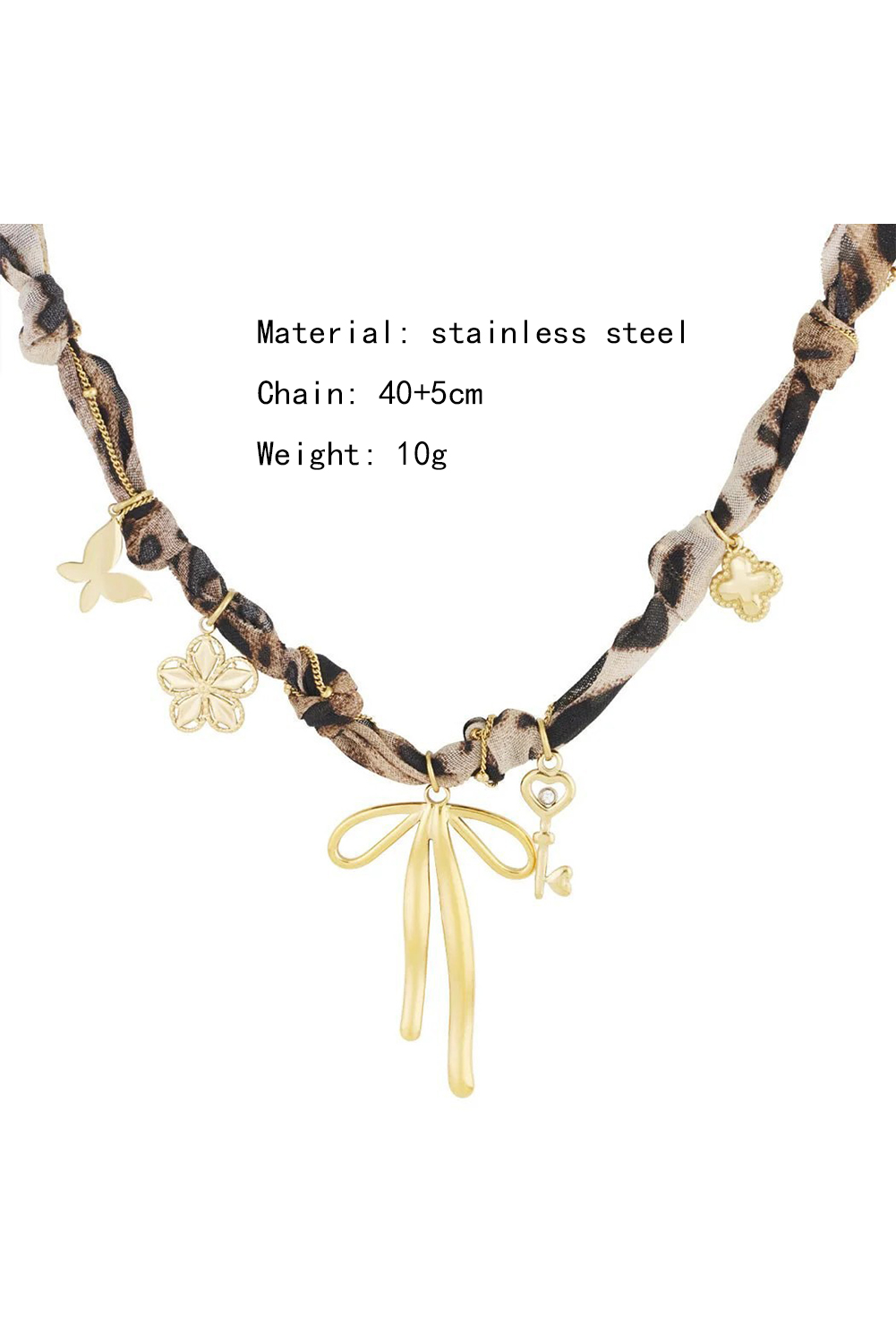 Gold Plated Bow Stainless Steel Pendant Leopard Scarf Necklace - loveforevers