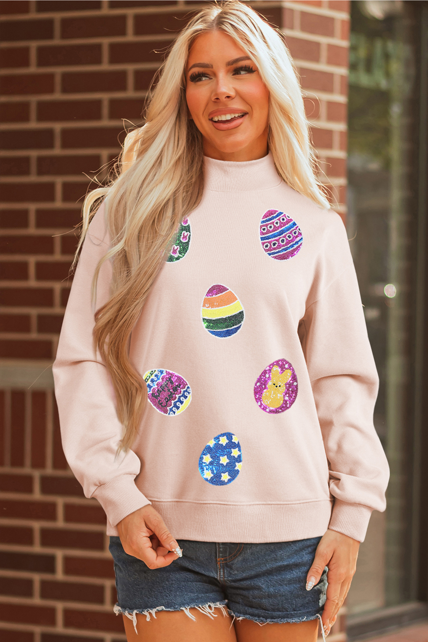Apricot Pink Artistic Easter Eggs Sequin Patch Graphic Mock Neck Sweatshirt - loveforevers
