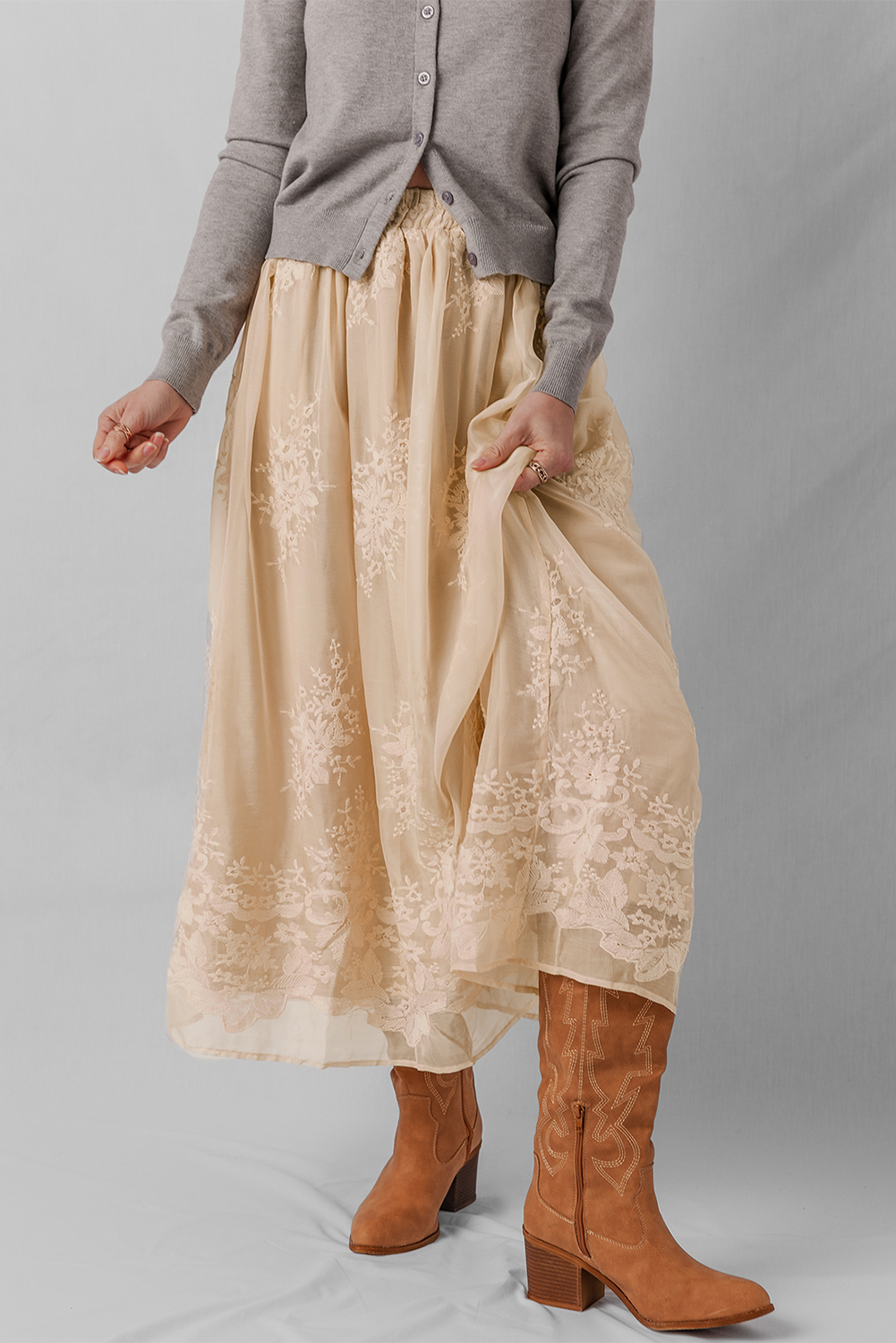Oatmeal Embroidered Mesh Overlay Flowy Long Skirt - loveforevers
