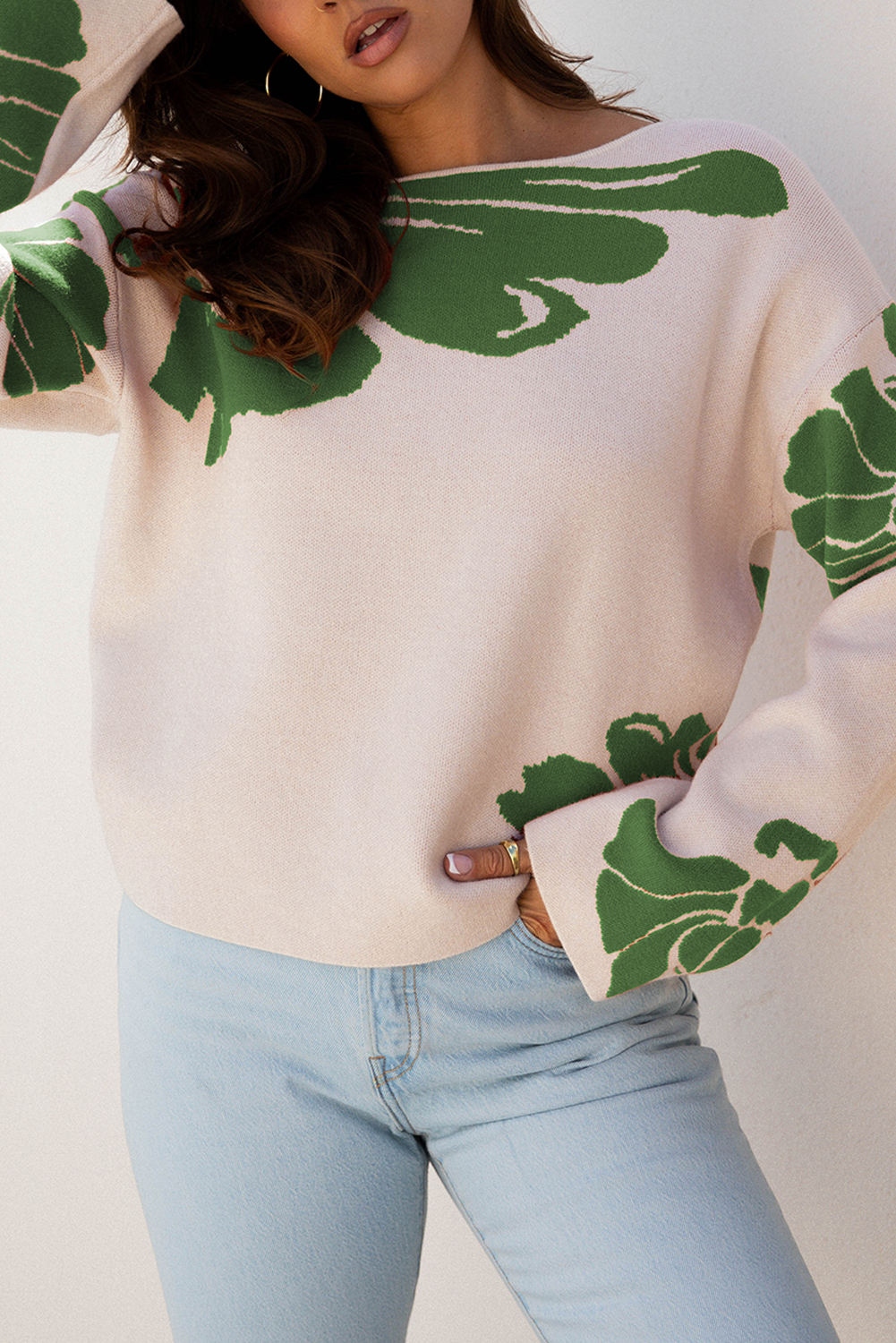 Beige Bold Flower Pattern Wide Sleeve Baggy Sweater - loveforevers