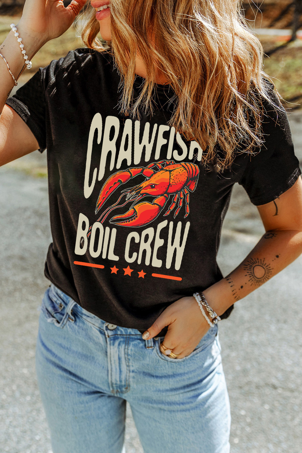 Black CRAWFISH BOIL CREW Graphic Casual T Shirt - loveforevers