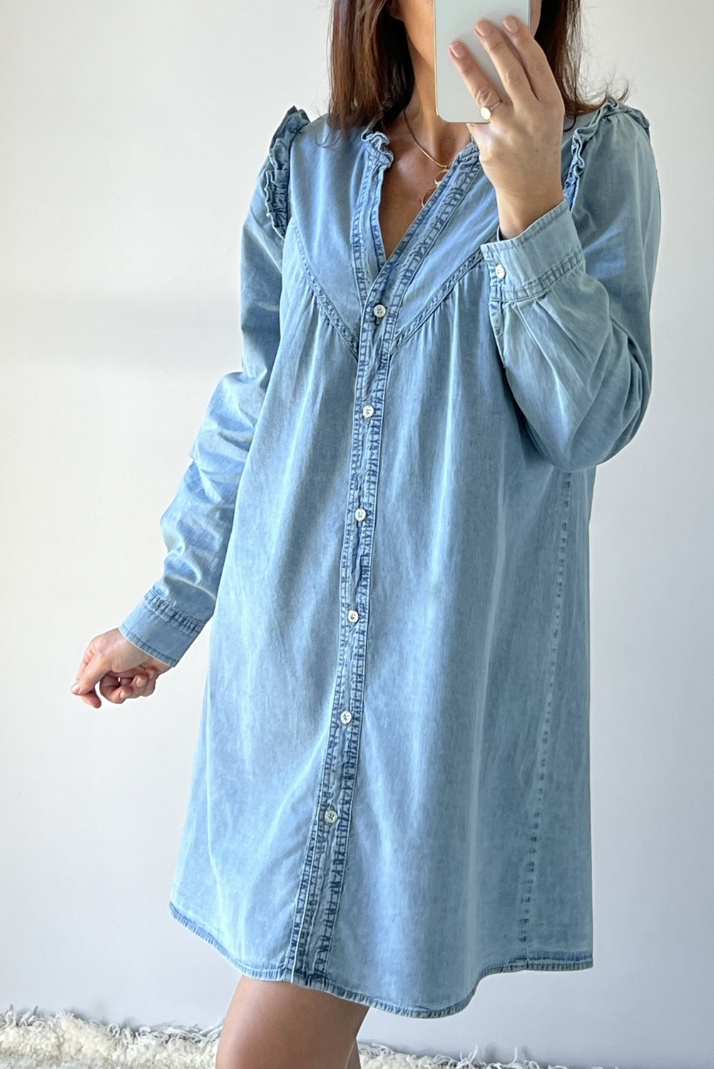 Myosotis Ruffled V Neck Buttoned Shift Denim Dress - loveforevers