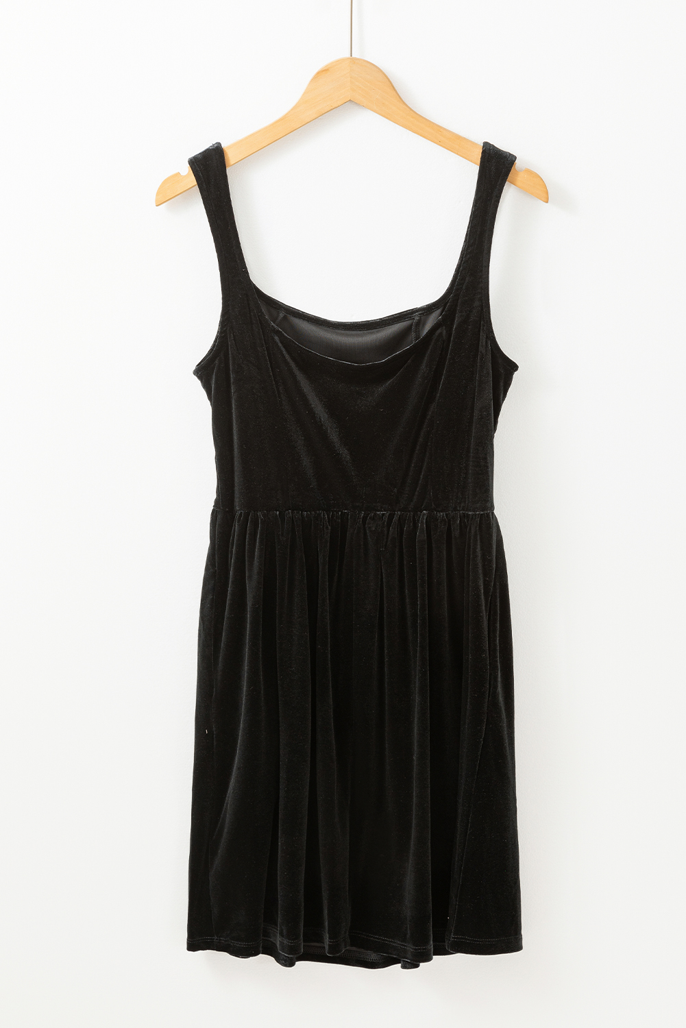Black Velvet Square Neck Sleeveless High Waist Mini Dress with Pockets - loveforevers