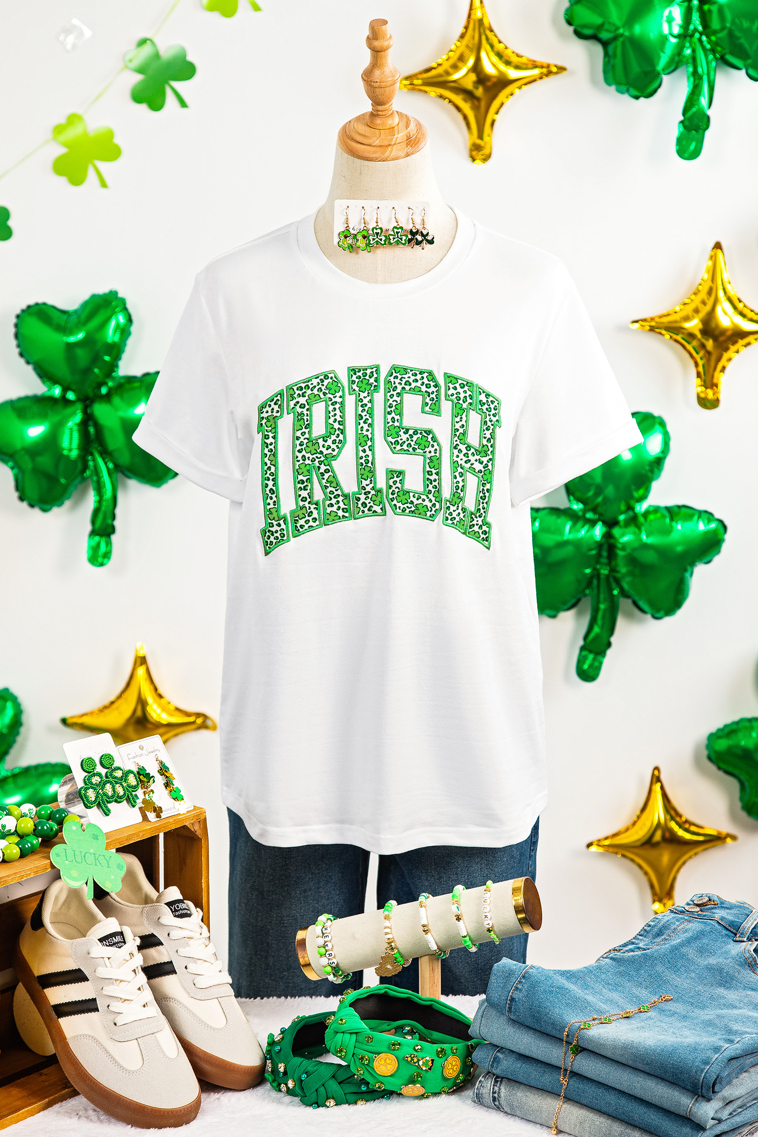 White IRISH Leopard Clover Embroidered Patch Graphic Tee - loveforevers