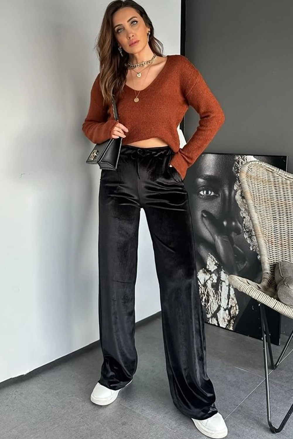 Black Shiny Velvet Drawstring High Waist Straight Leg Casual Pants - loveforevers