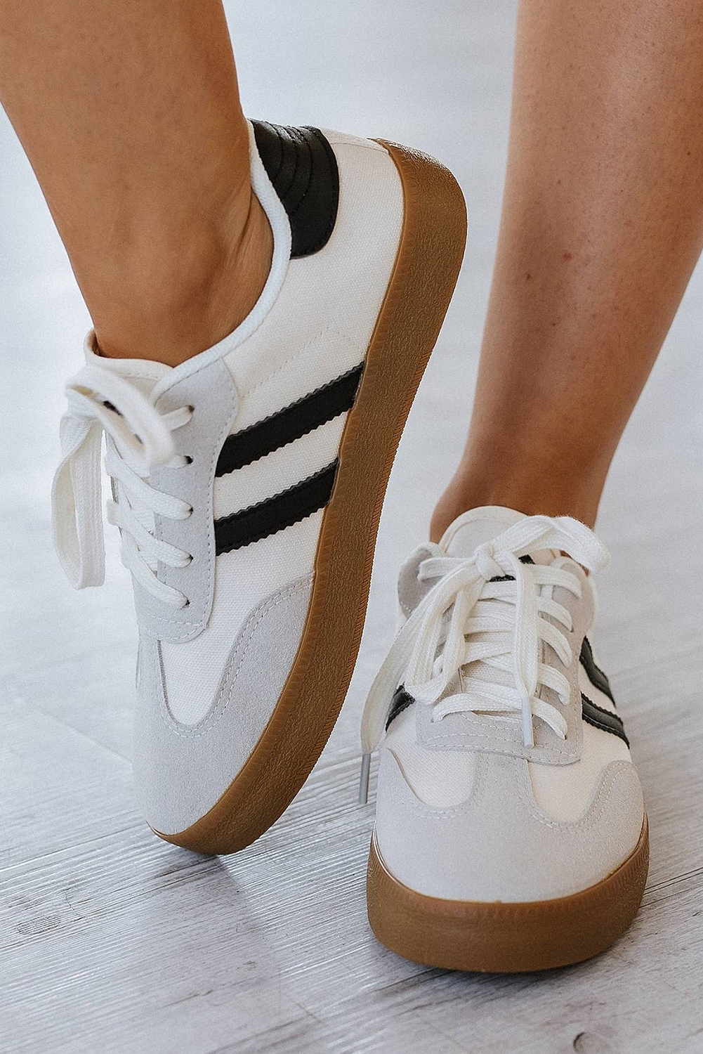White Striped Lace-up Flat Sneakers - loveforevers