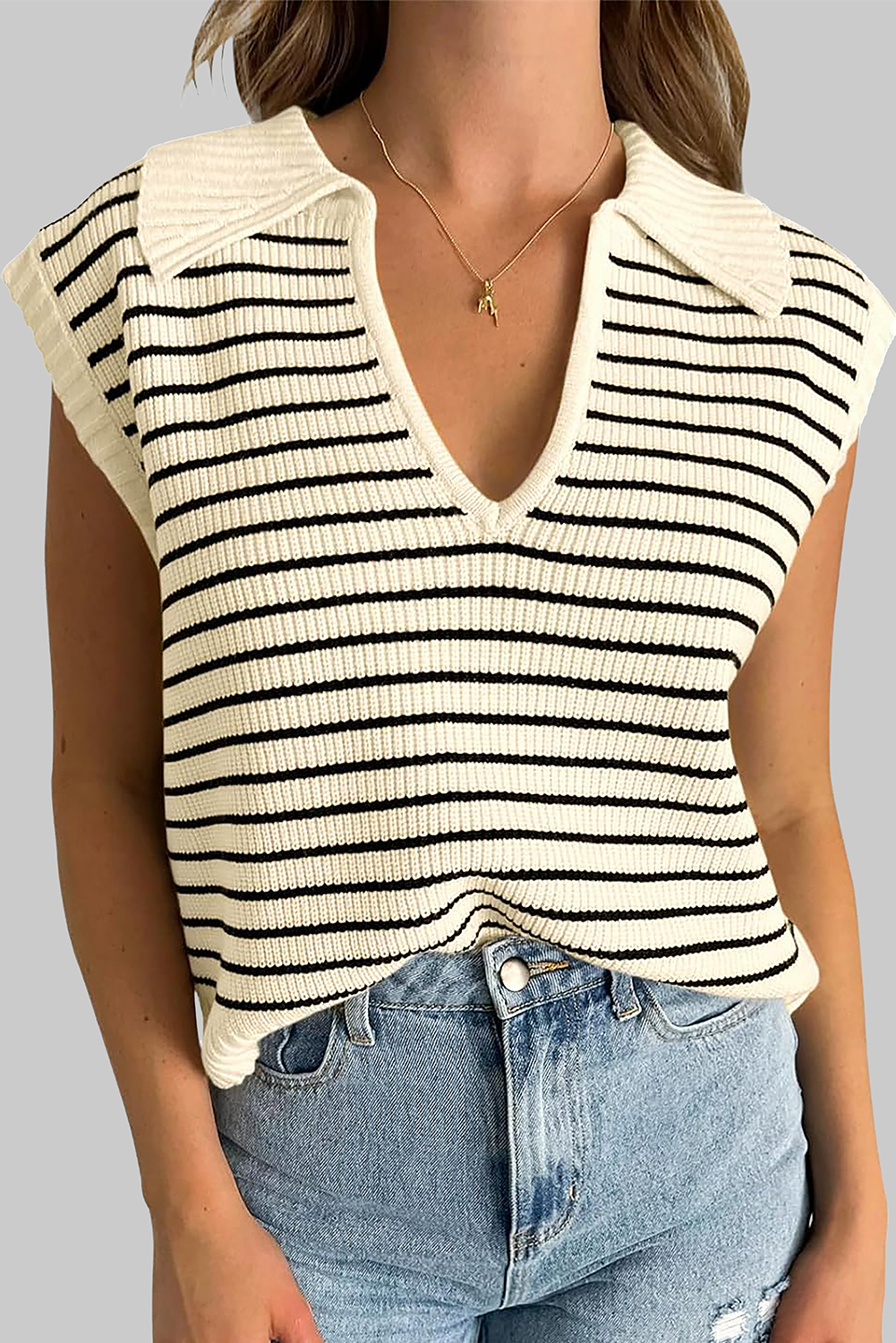 Beige Stripe Turn-down V Neck Sweater Tank Top - loveforevers