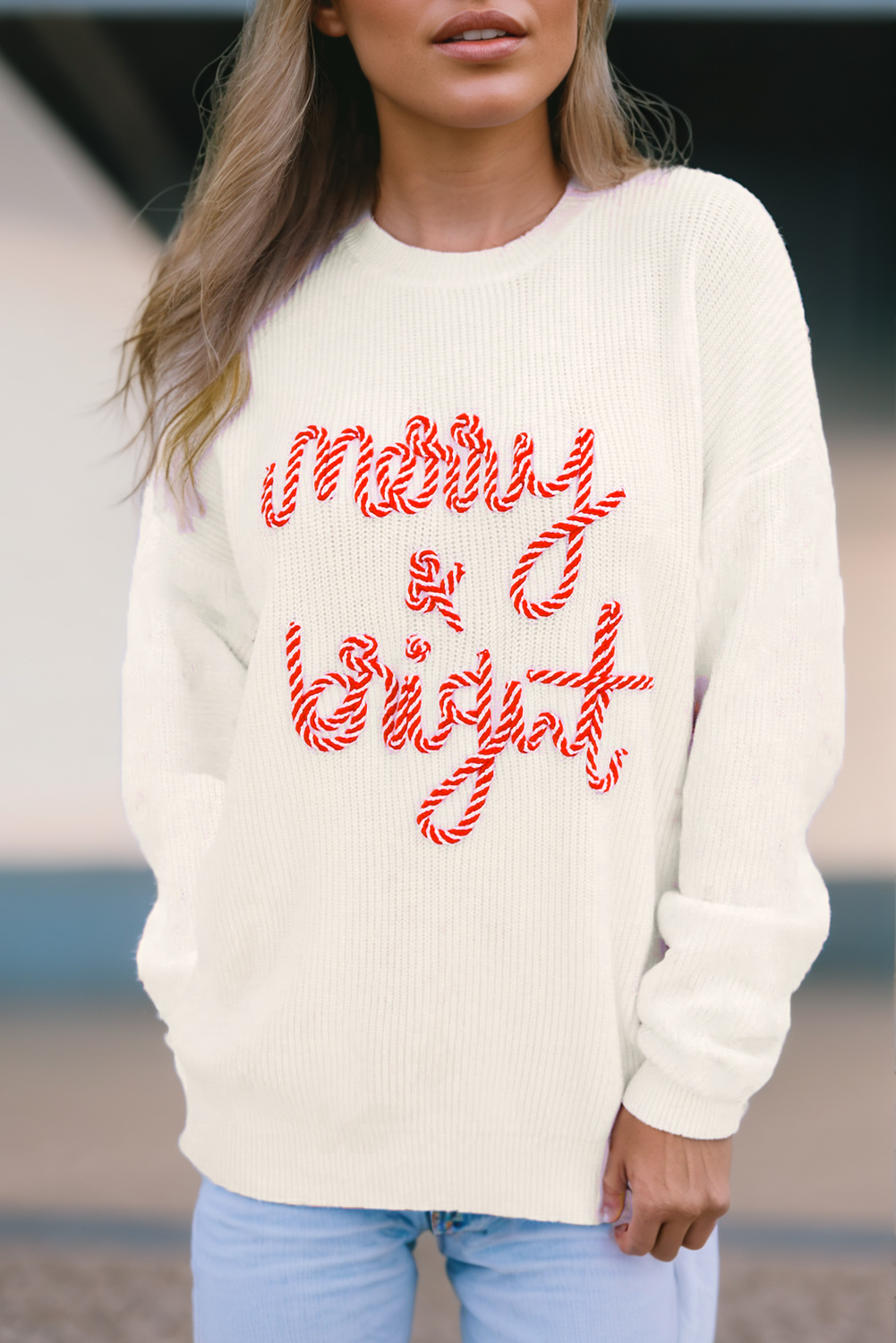 White Striped Merry Bright Letter Christmas Sweater - loveforevers