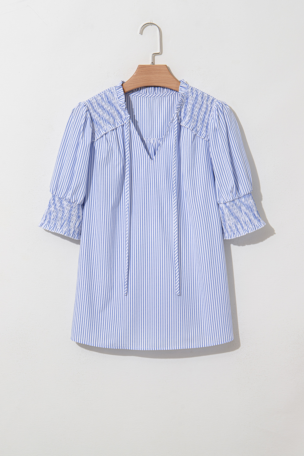 Gray Stripe Shirred Detail V Neck Puff Half Sleeve V Neck Blouse - loveforevers