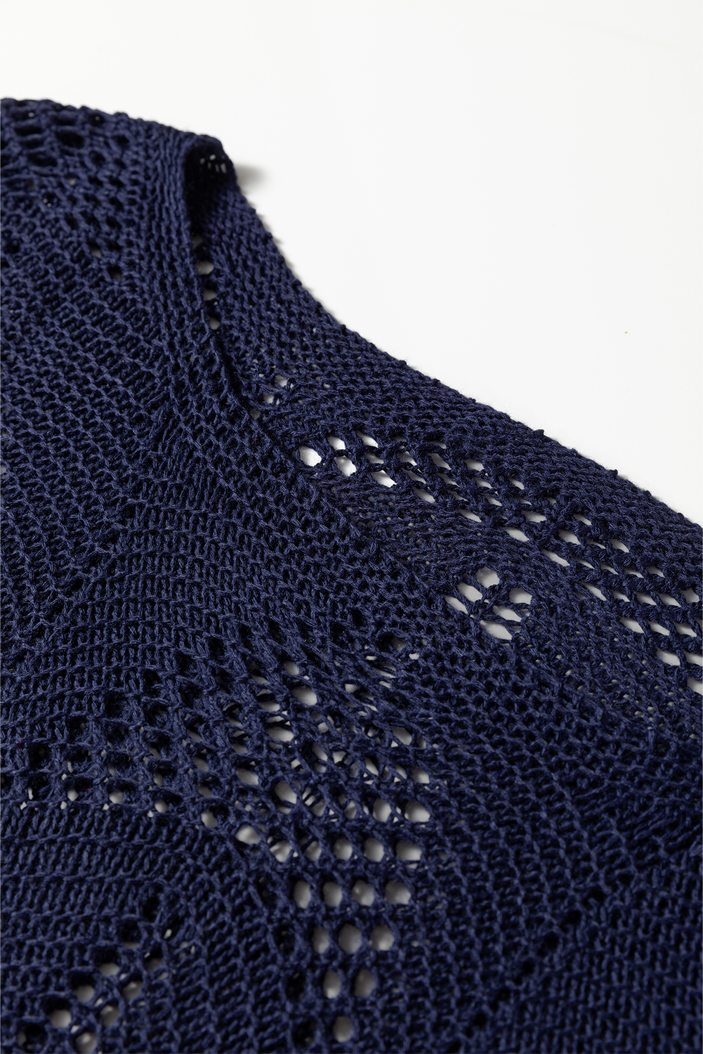 Navy Blue Hollow Out Knit 7/8 Sleeve Casual Sweater - loveforevers
