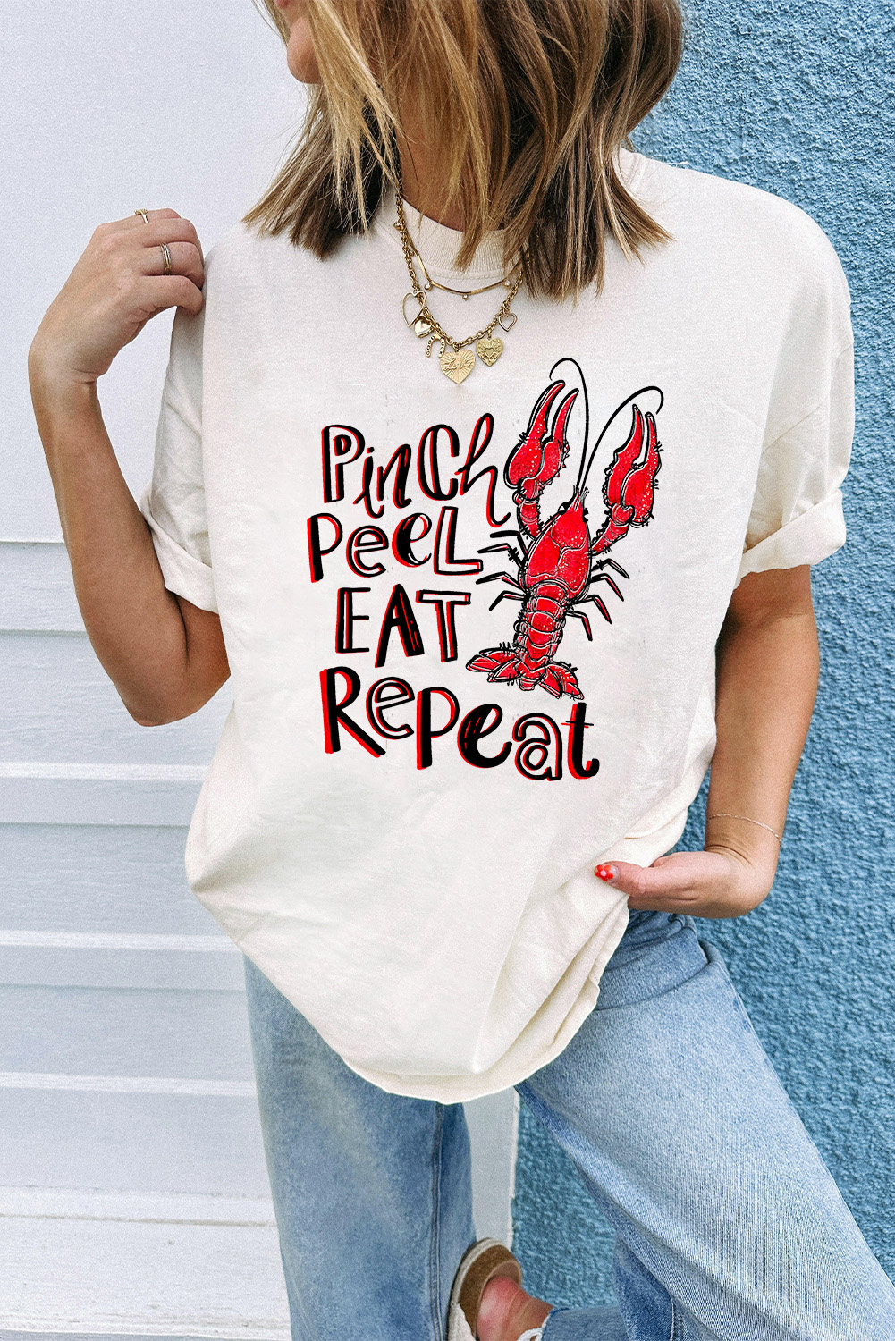 White Pinch Peel Eat Repeat Crawfish Print Crew Neck Tee - loveforevers