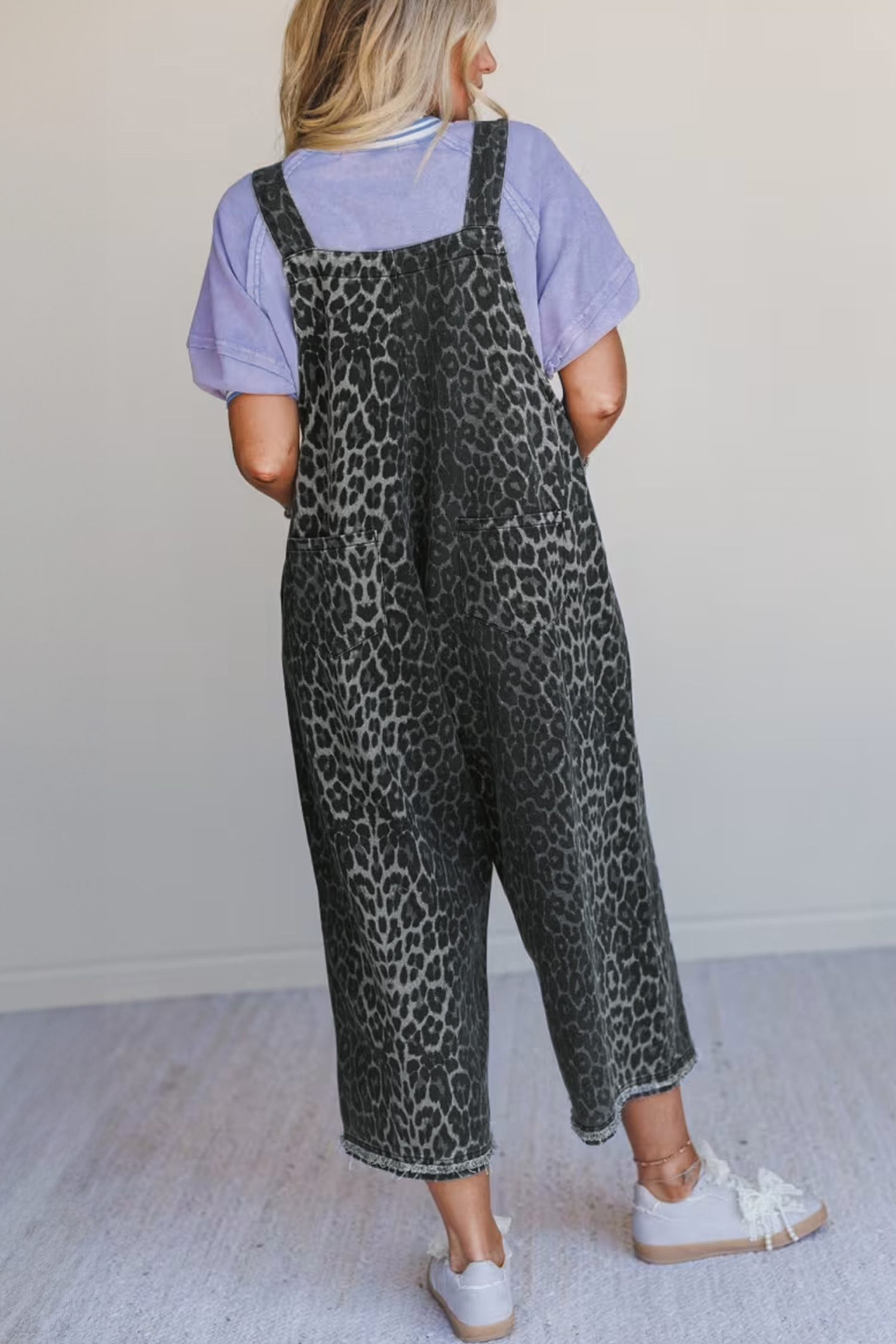 Gray Leopard Print Button Adjustable Straps Cropped Loose Denim Overalls - loveforevers