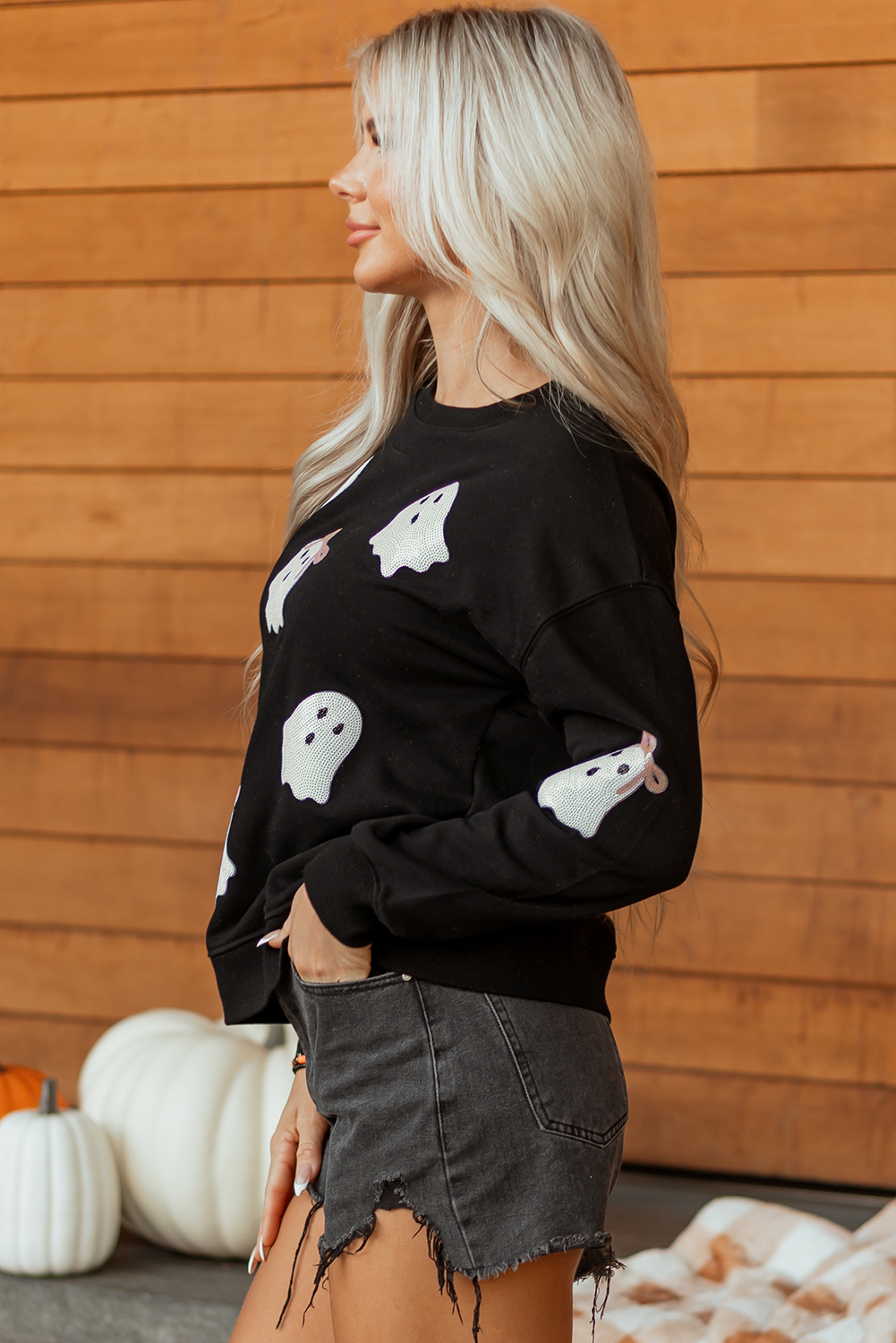 Wisteria Glitter Trim Chenille Ghost Patched Halloween Graphic Tee - loveforevers