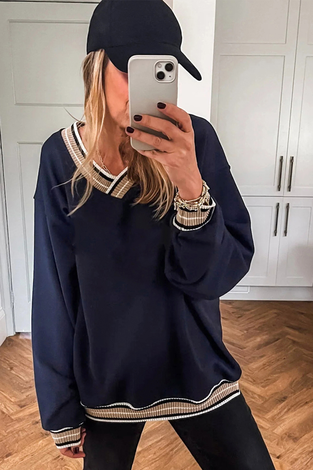 Gray Varsity Contrast Striped Trim V Neck Sweatshirt - loveforevers