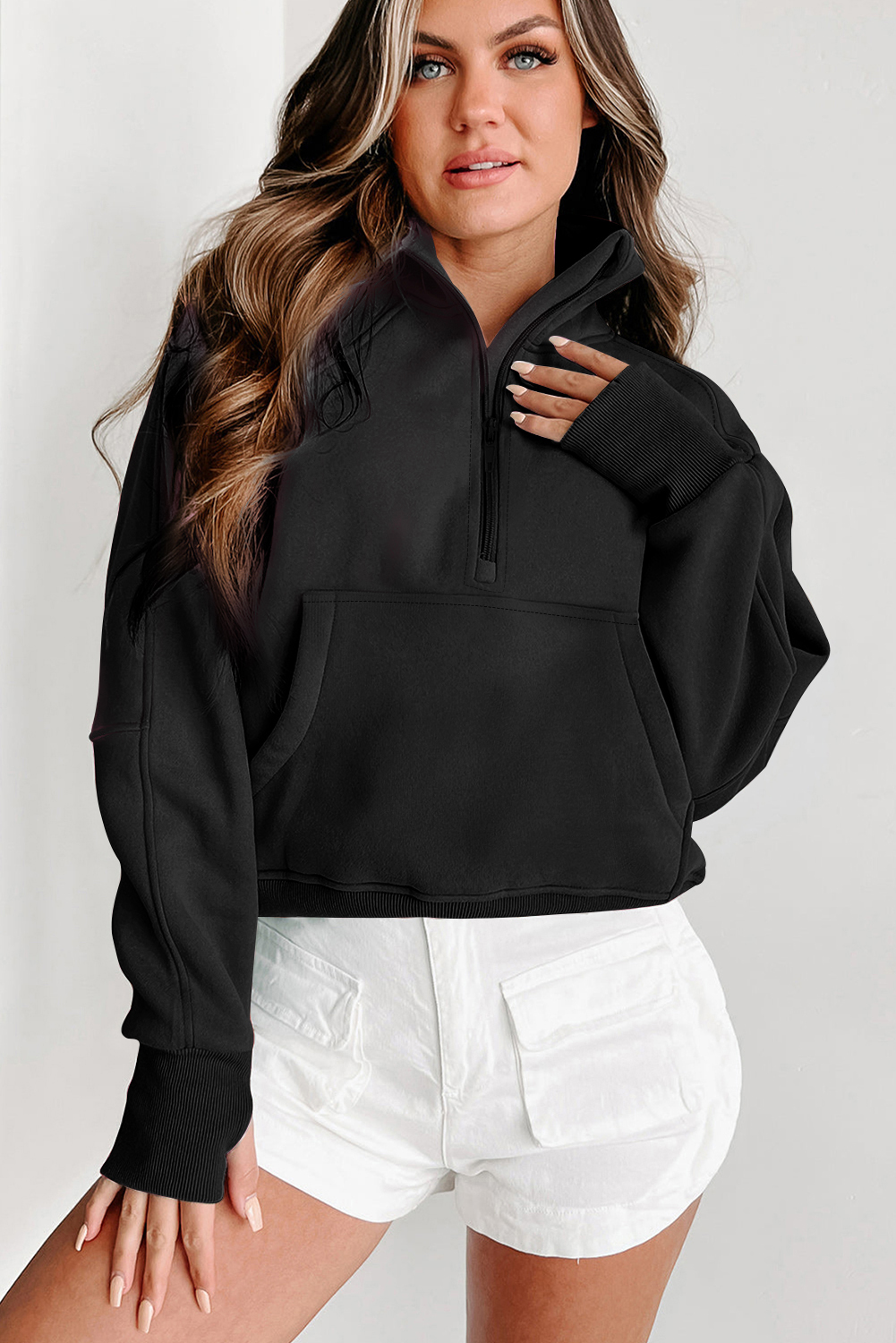 Aruba Blue Quarter Zip Stand Neck Kangaroo Pocket Sweatshirt - loveforevers