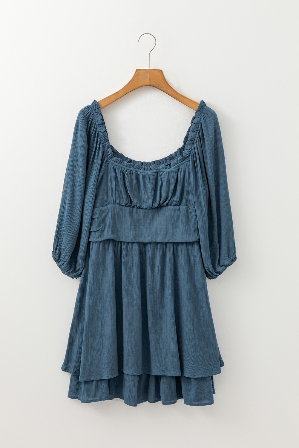 Real Teal Frilled Neckline 3/4 Sleeve Layered Ruched Mini Dress - loveforevers