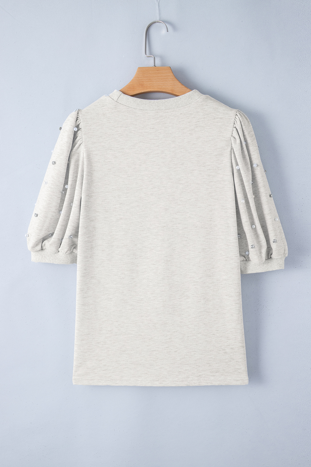 Light Grey Rhinestone Pearl Puff Half Sleeve Top - loveforevers