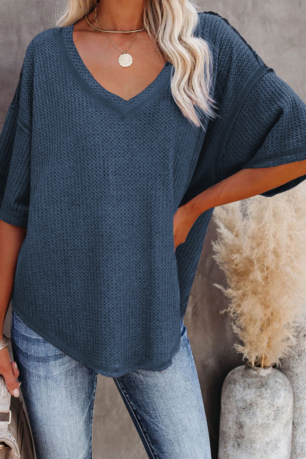 White Exposed Seam Half Sleeve Knitted V Neck Textured Top - loveforevers