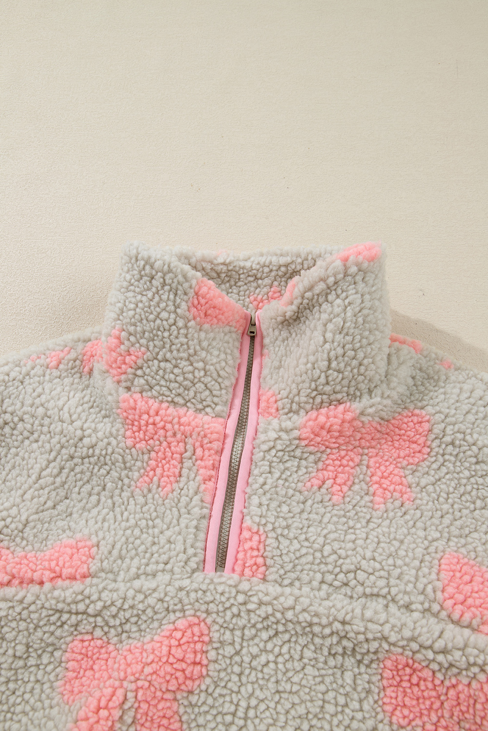 Gray Bow Sherpa Quarter Zip Drop Shoulder Baggy Sweatshirt - loveforevers