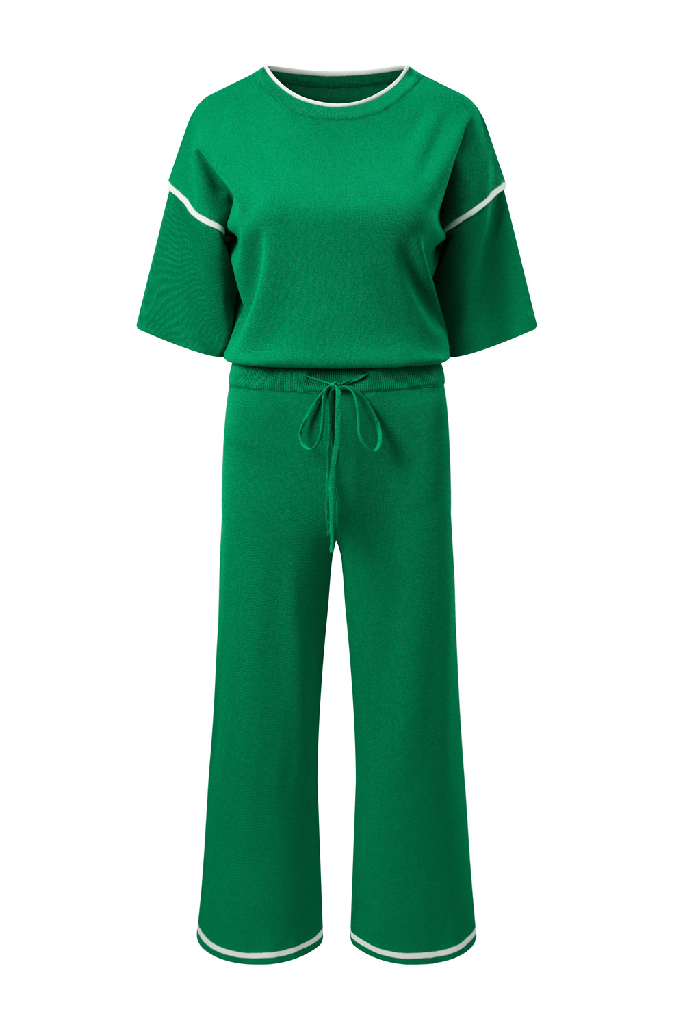 Blackish Green Contrast Trim Half Sleeve Top Drawstring Pants Loose 2pcs Sweater Suit - loveforevers