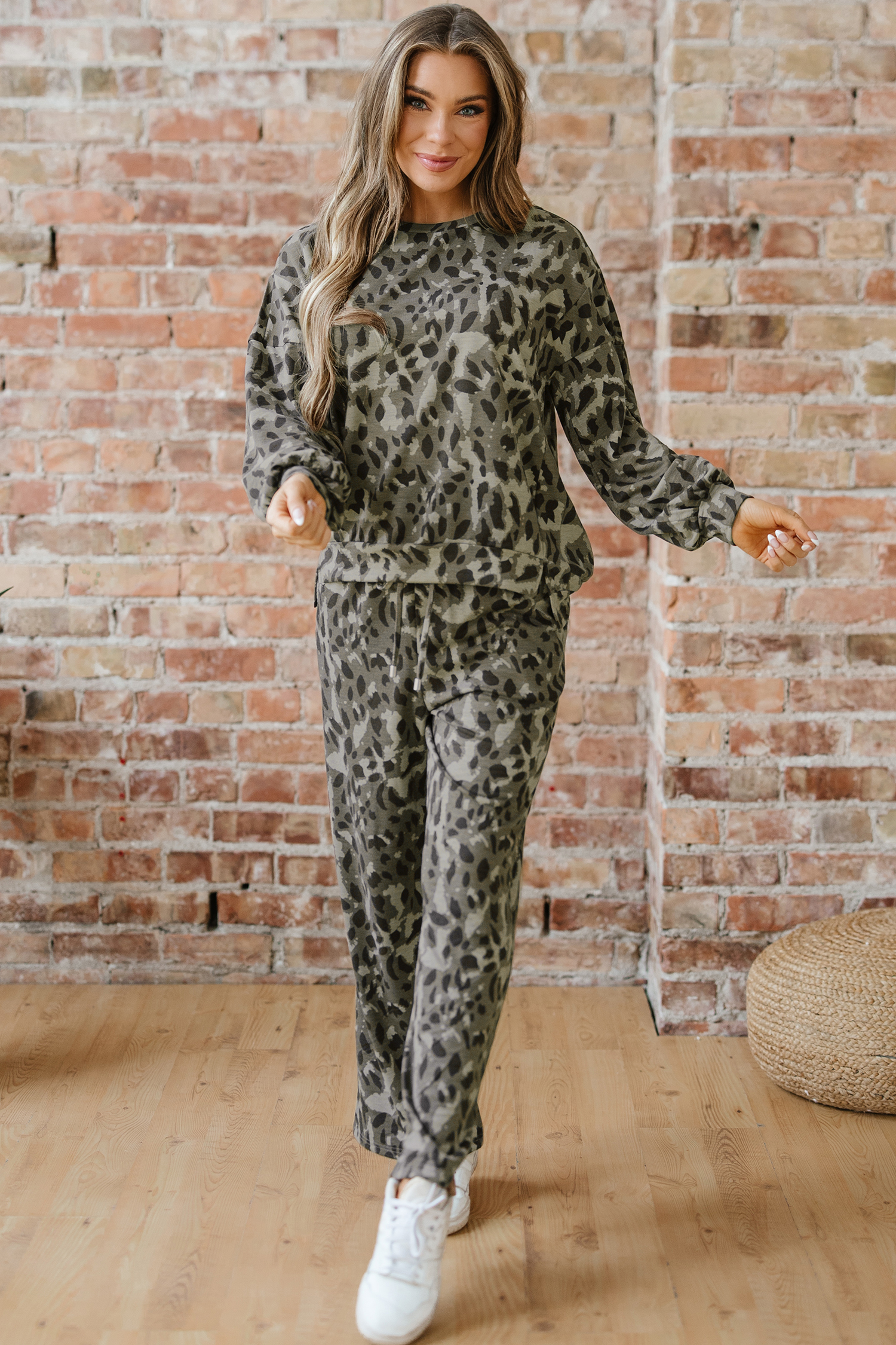 Brown Leopard Loose Tee Drawstring Waist Barrel Pants Set - loveforevers
