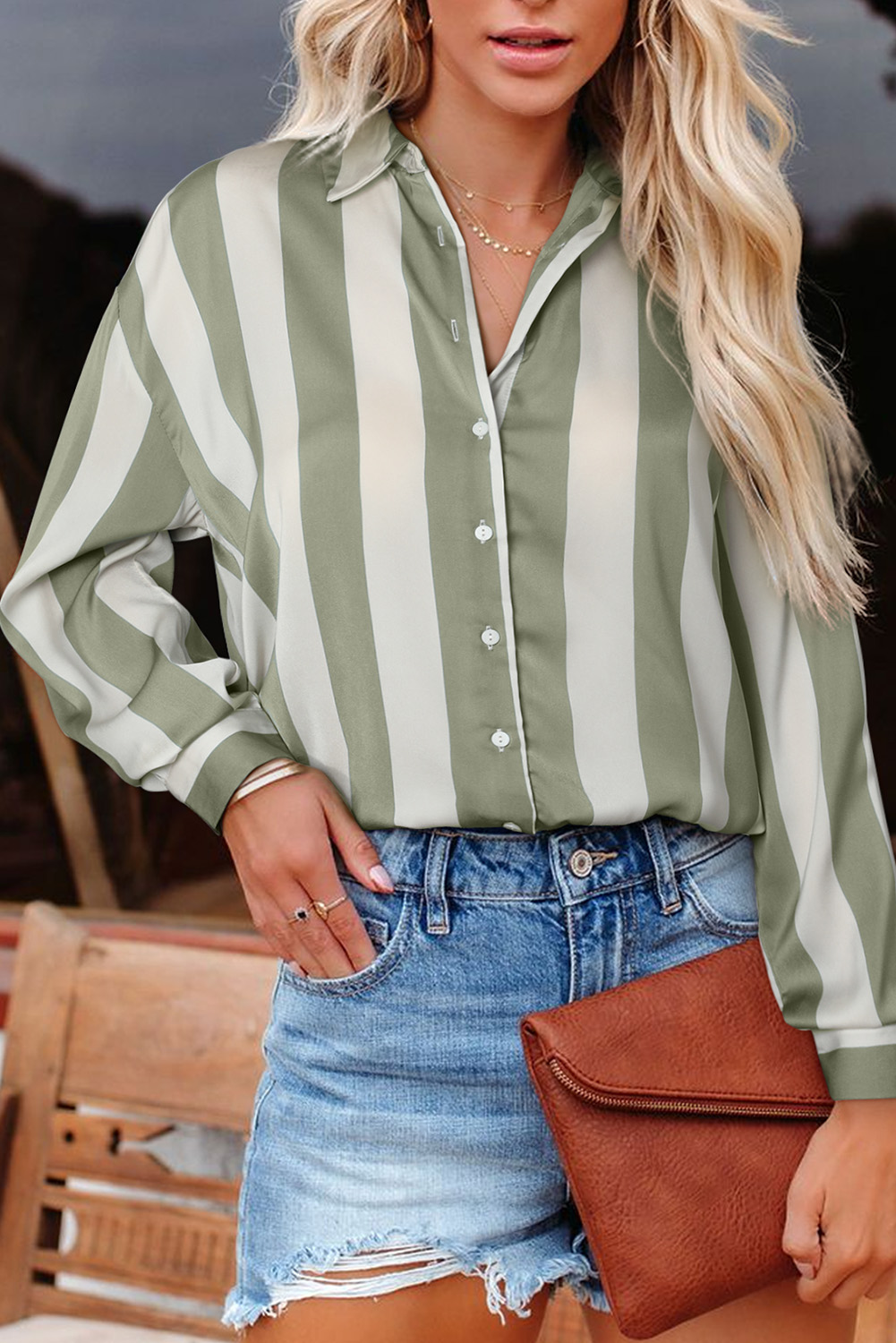 Green Striped Soft Relaxed Button Up Shirt - loveforevers