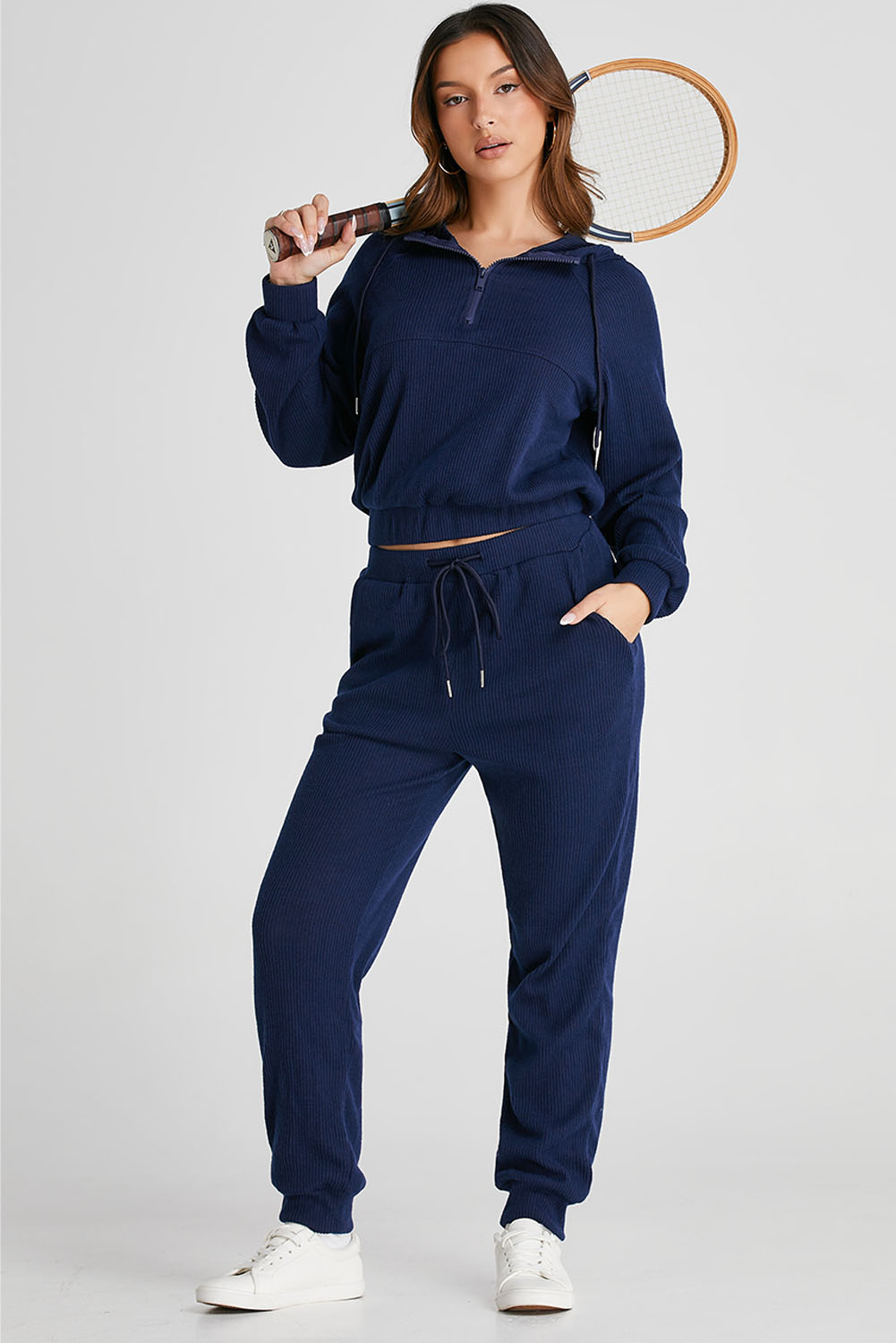 Navy Blue Ribbed Knit Cropped Hoodie and Drawstring Joggers Set - loveforevers