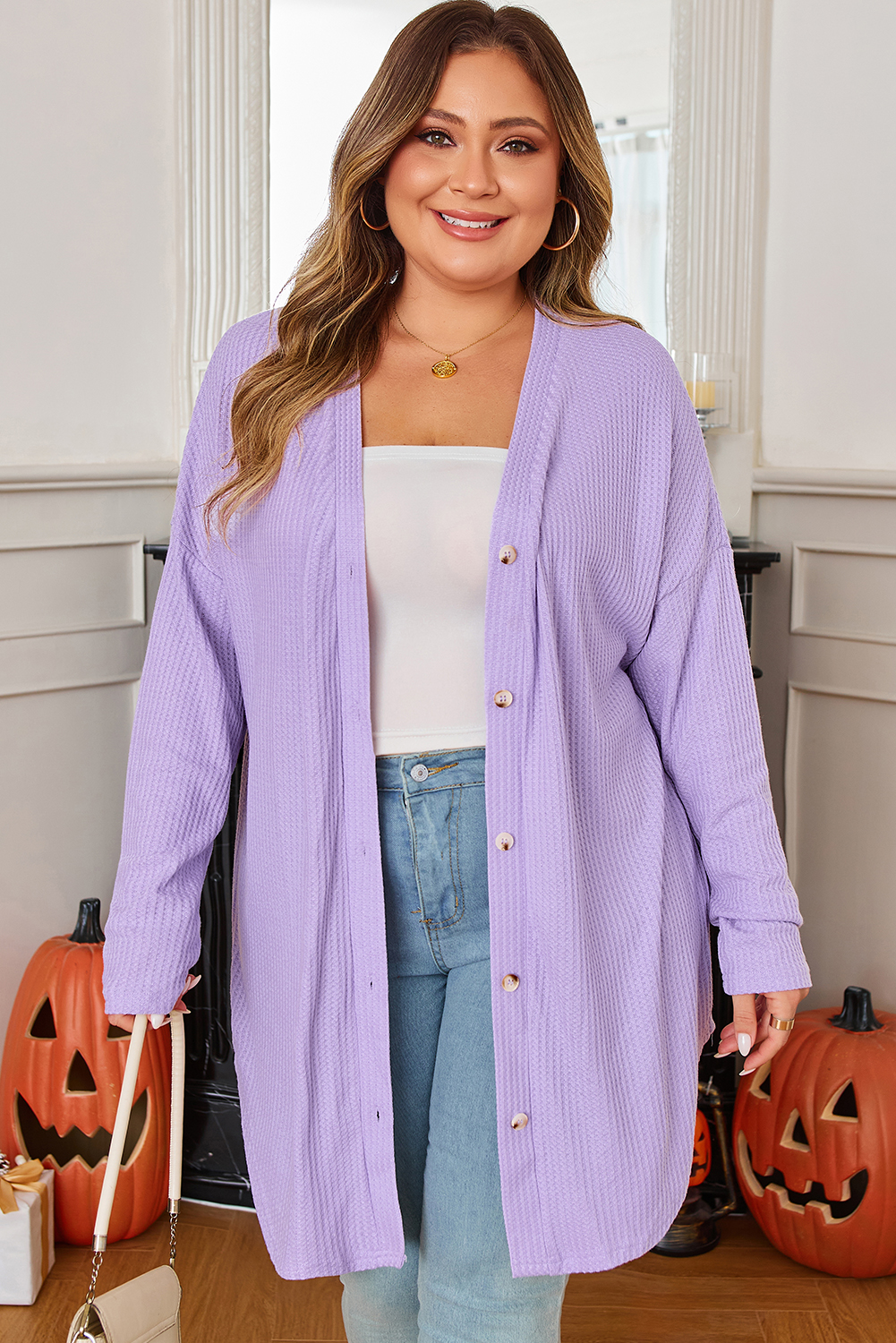 Orchid Petal Plus Size Waffle Knit Button Front Cardigan - loveforevers