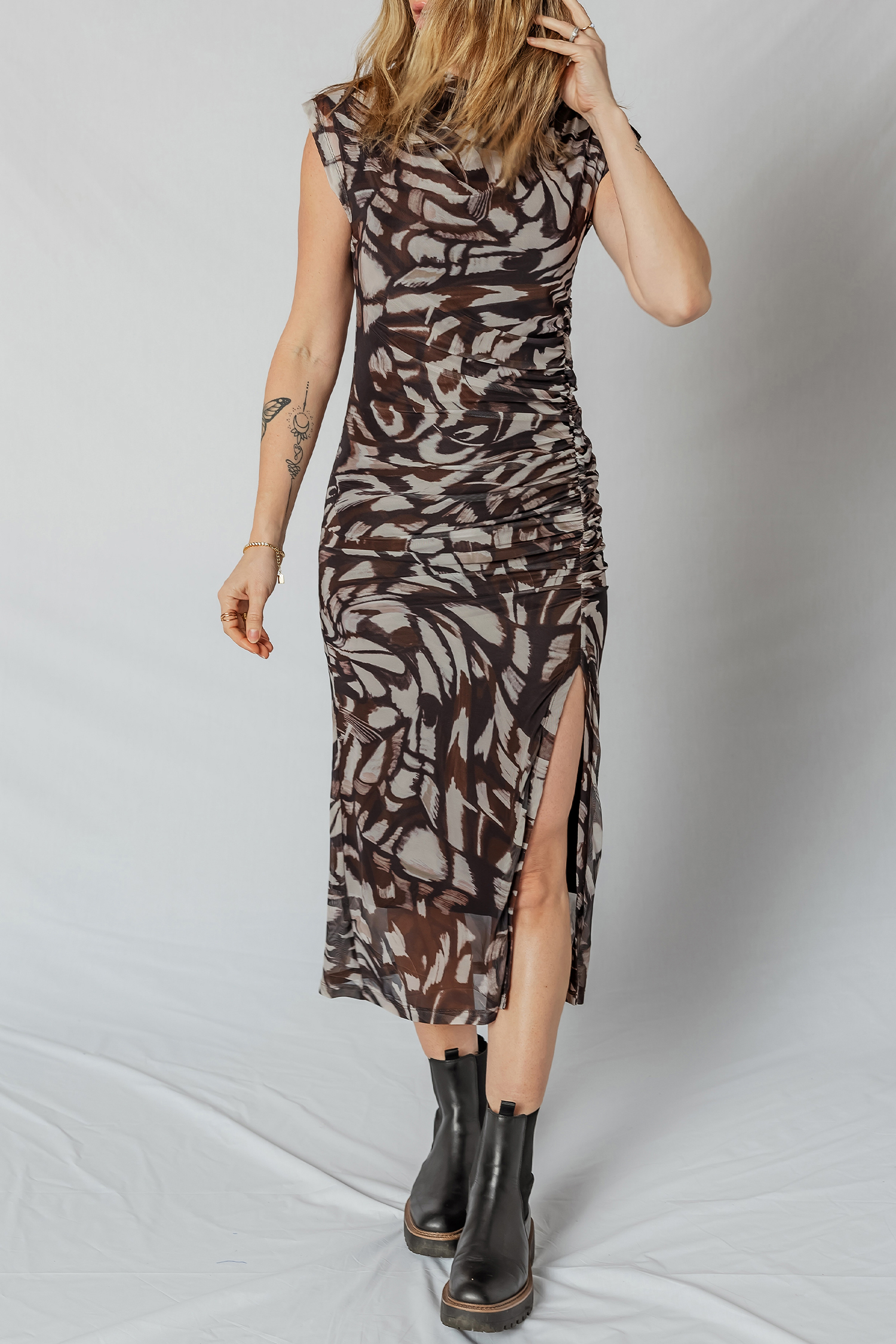 Brown Abstract Print Mesh Cowl Neck Cap Sleeve Ruched Midi Dress with Slit - loveforevers