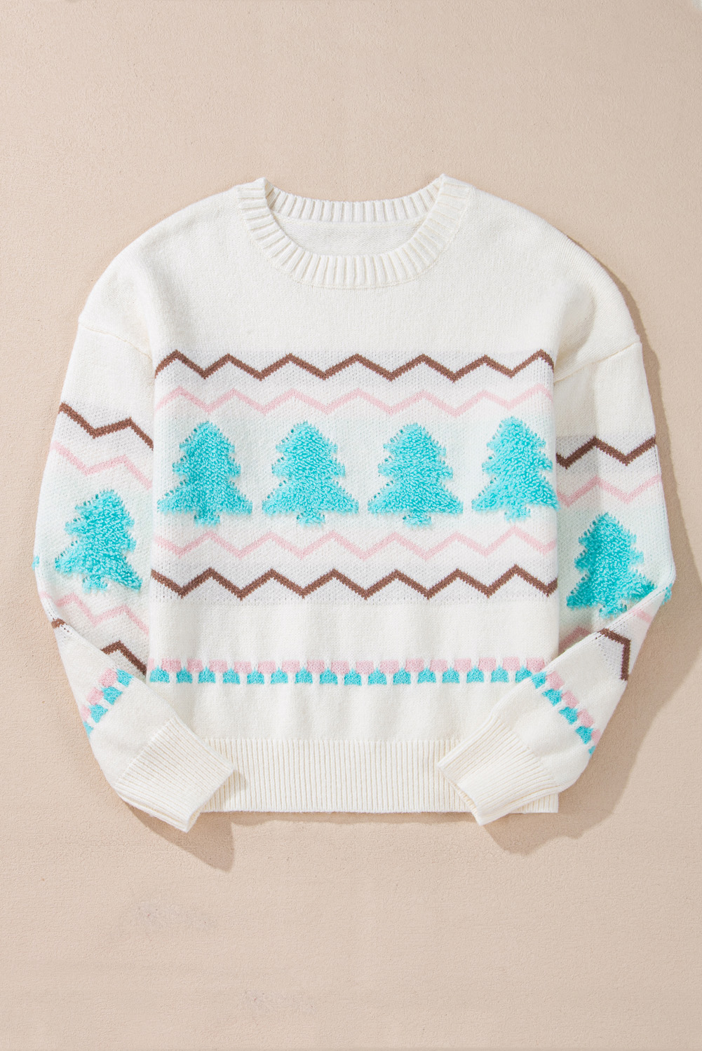 White Striped Christmas Tree Ribbed Trim Drop Shoulder Sweater - loveforevers