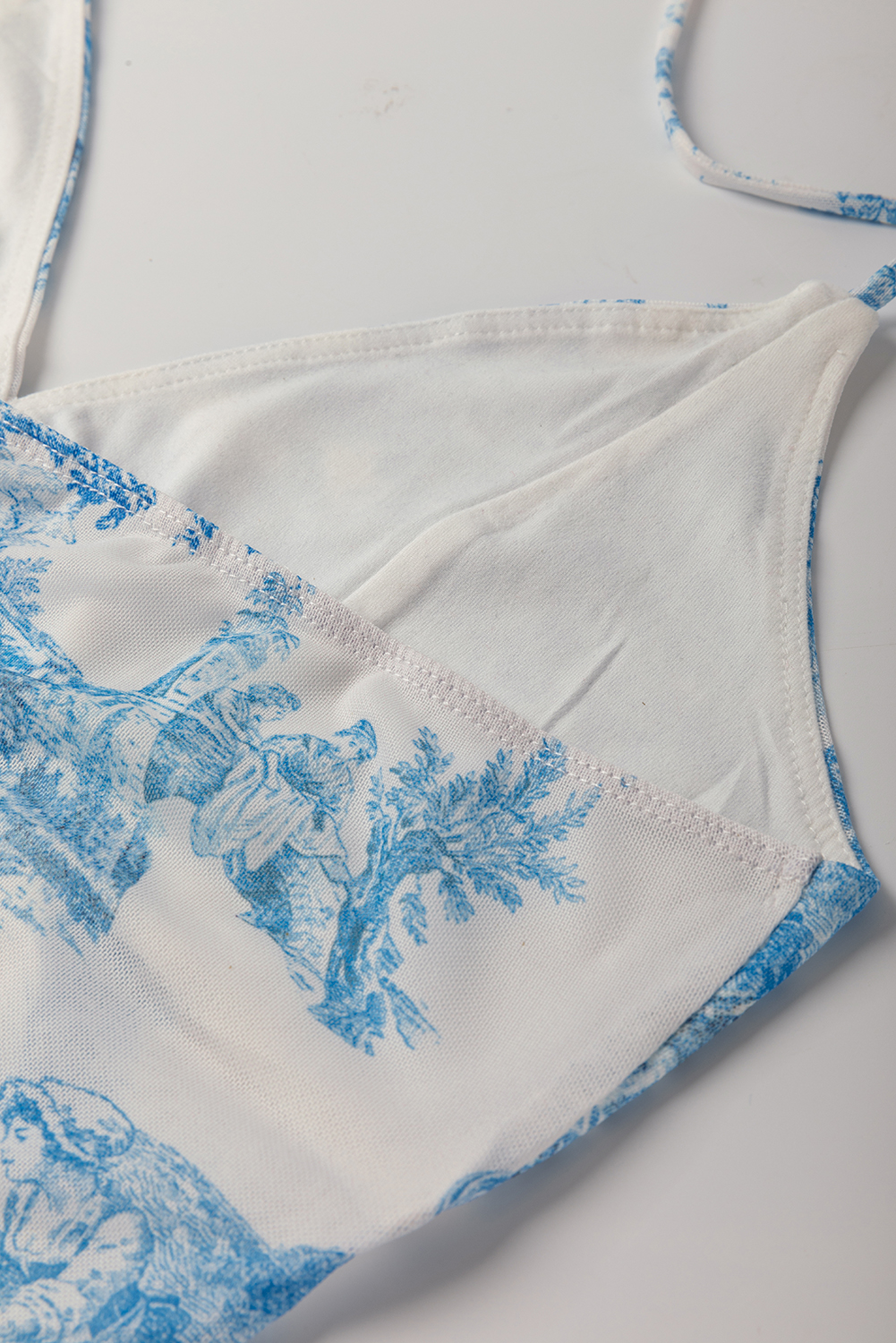 Sky Blue Random Printed Mesh Bow Detail Halterneck Tank Top - loveforevers