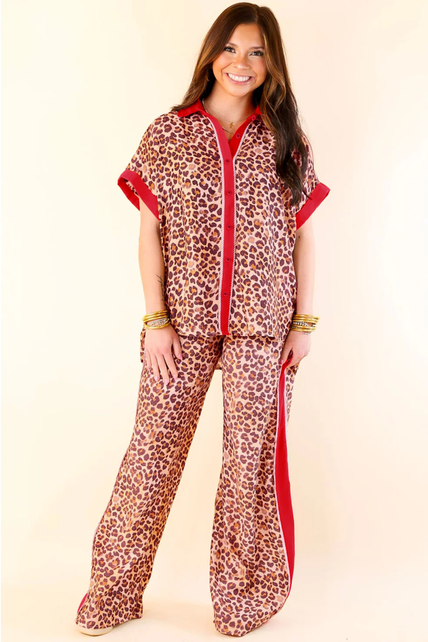 Brown Contrast Trim Leopard Top and Pant Set - loveforevers