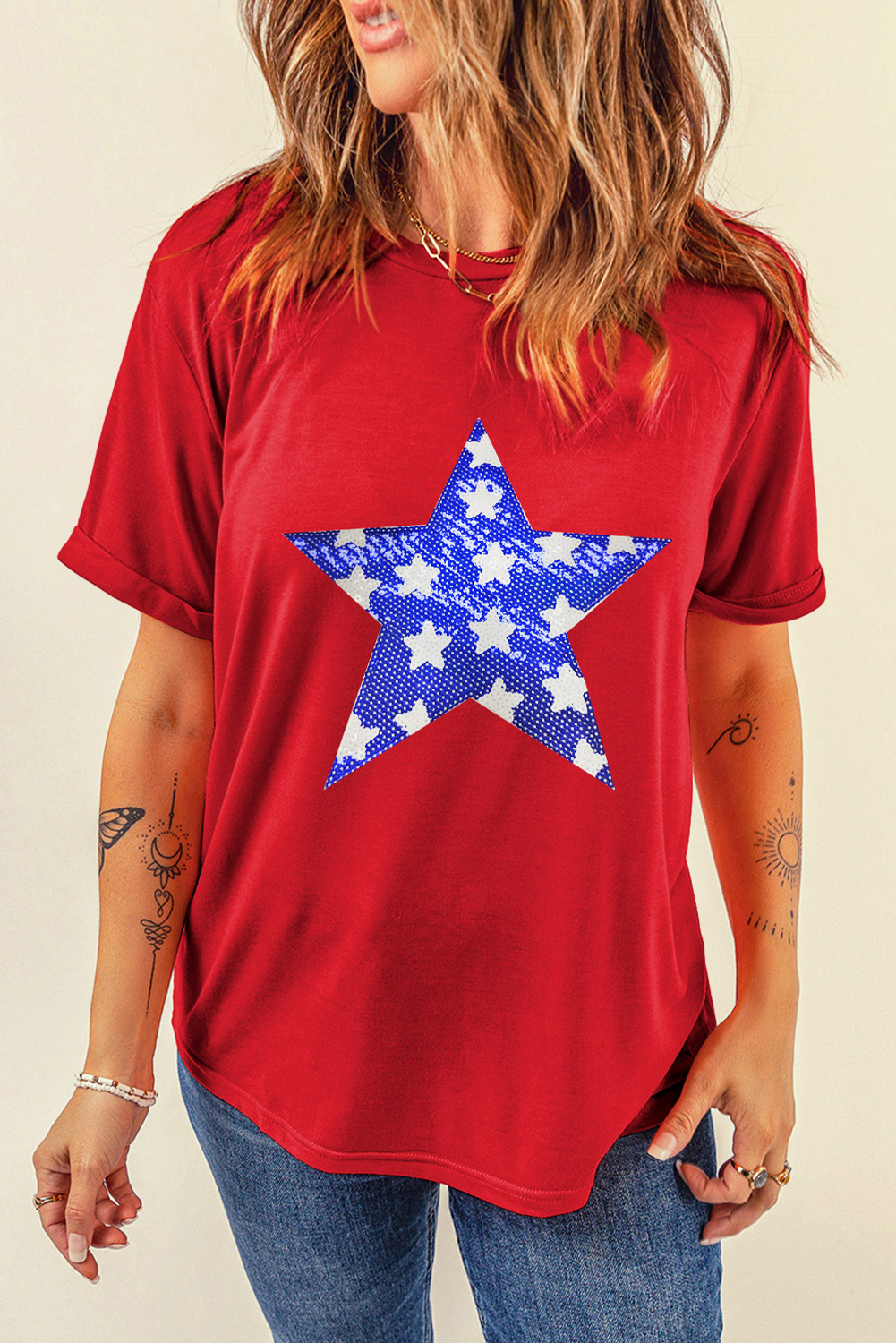 Red Sequin Star Graphic Crewneck T Shirt - loveforevers