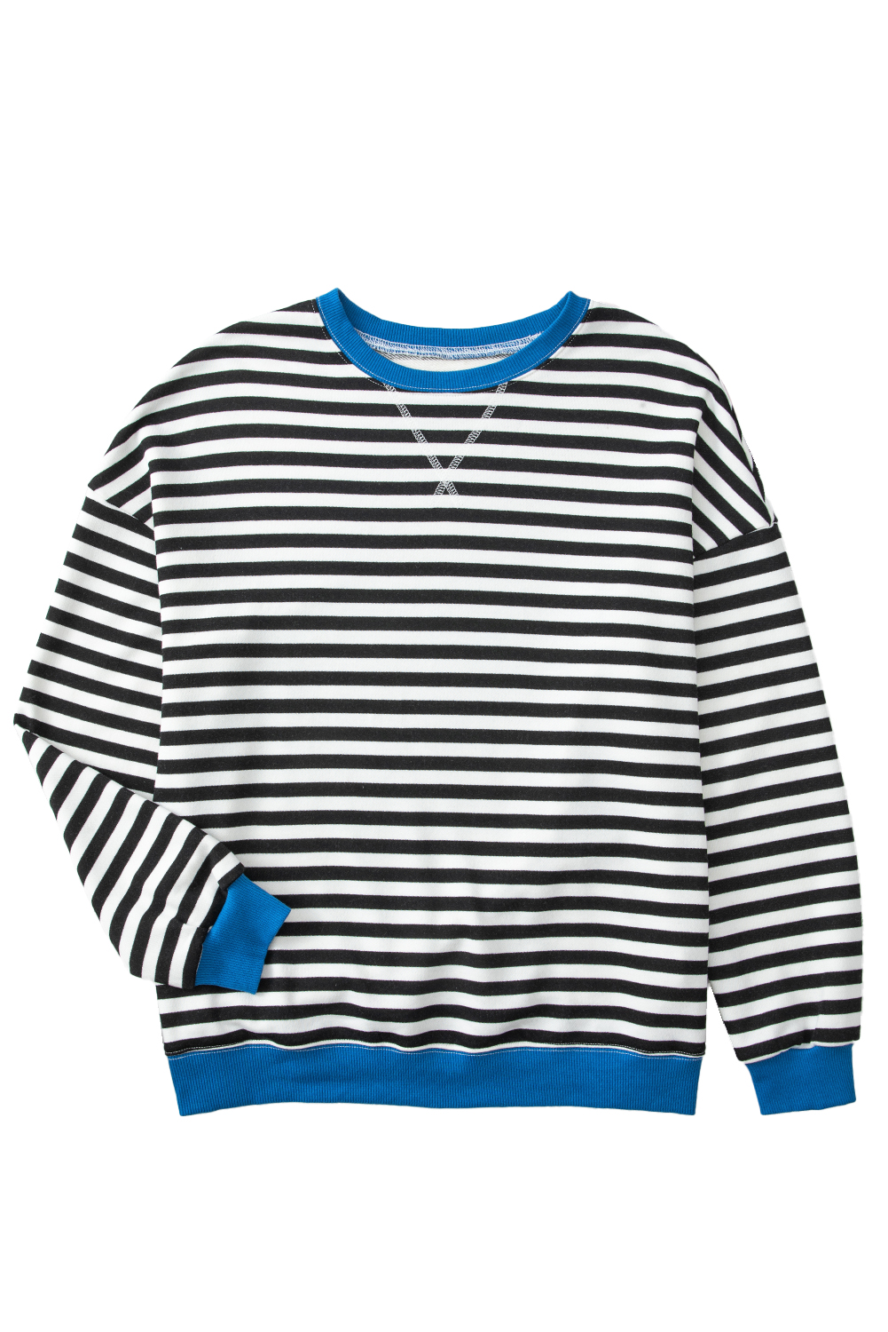 Red Stripe Contrast Ribbed Trim Crossed Stitch Drop Shoulder Sweatshirt - loveforevers