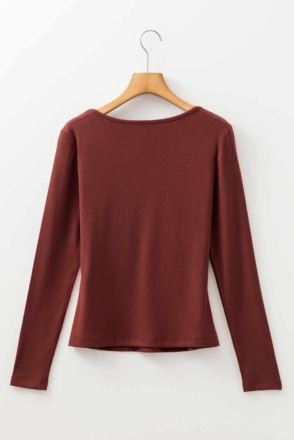 Burgundy Gathered Bust Square Neck Ribbed Fit Long Sleeve Top - loveforevers