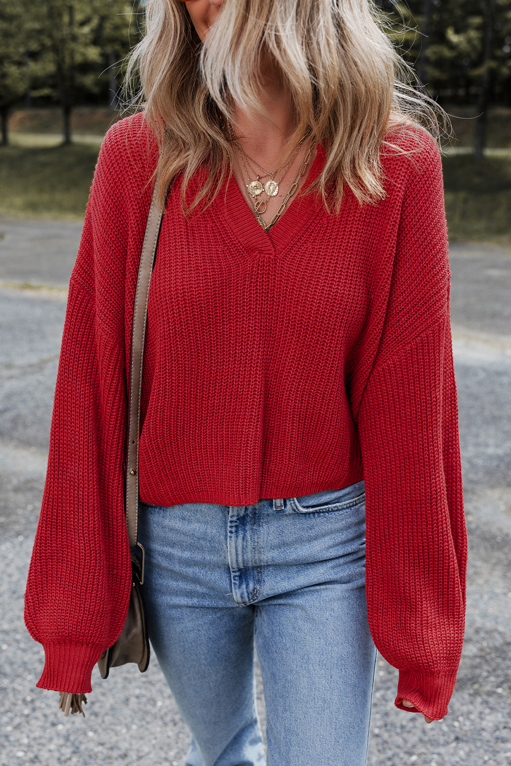 Racing Red Solid Textured Knit V Neck Drop Shoulder Sweater - loveforevers