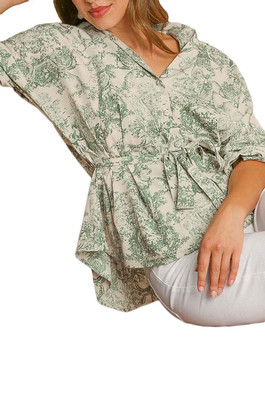 Green Landscape Print Tied 3/4 Sleeve Shirt with Sash - loveforevers