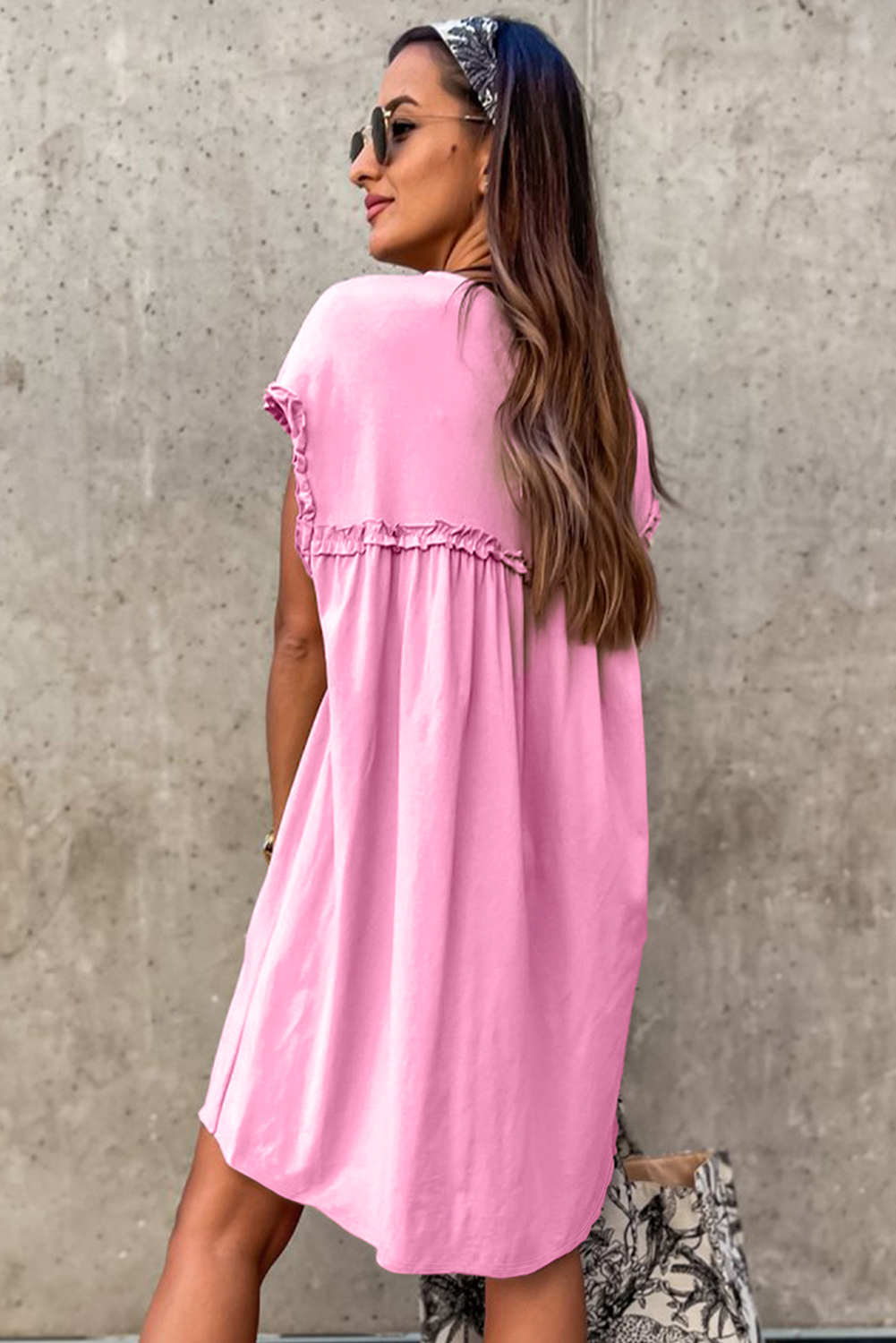 Pink Frilled Trim Crew Neck Loose Fit Mini Dress - loveforevers