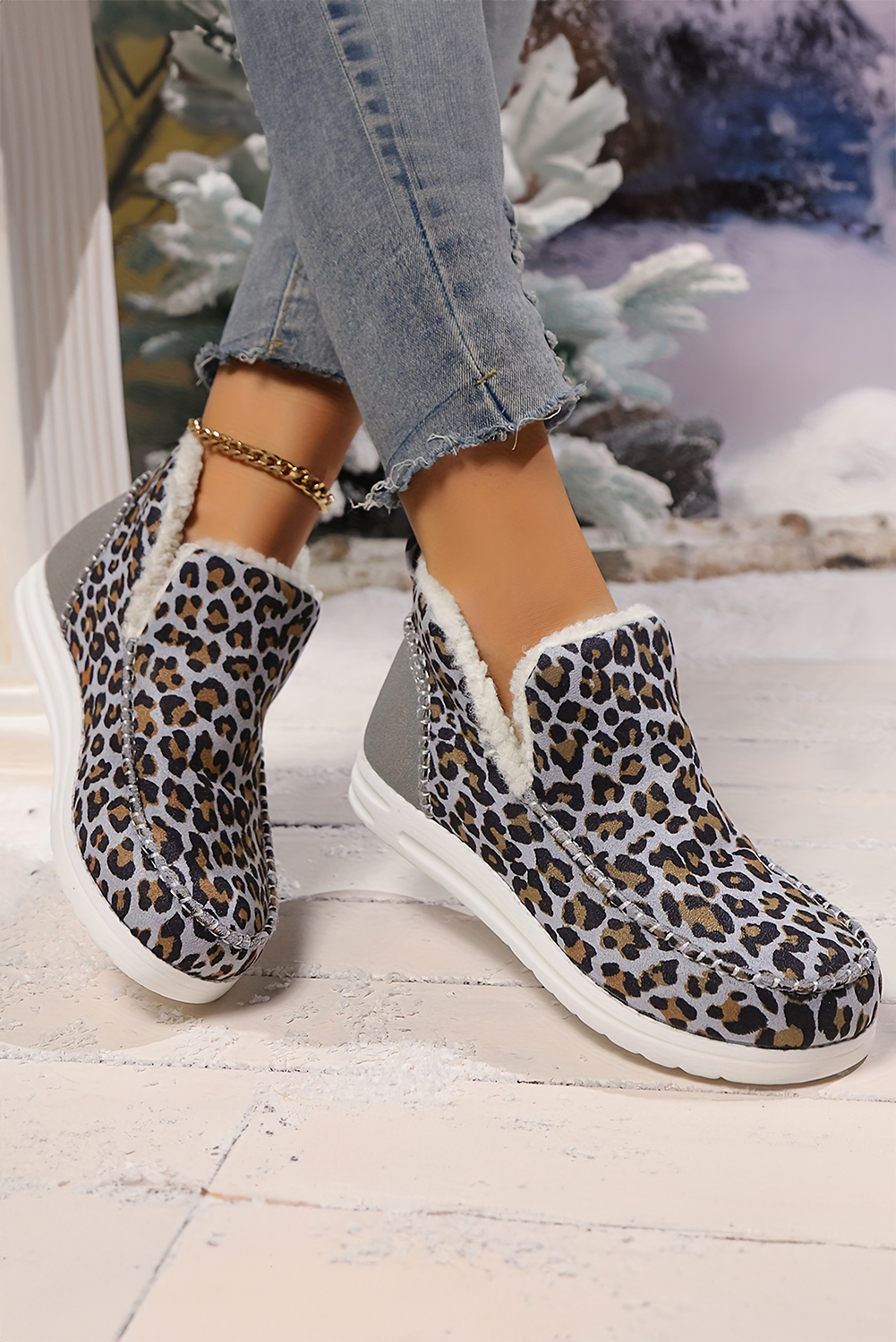 Brown Leopard Print Ankle Patched Flat Winter Fur Boots - loveforevers